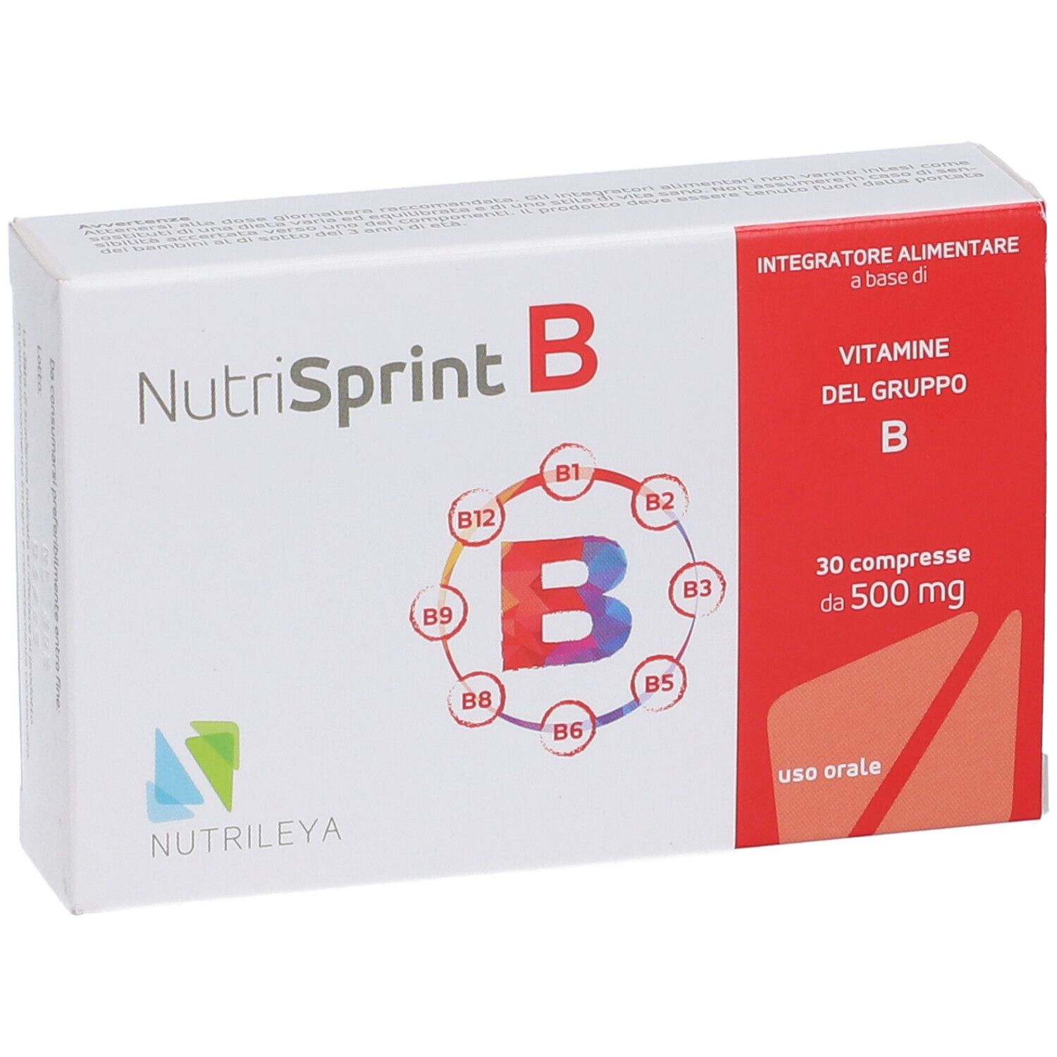 Scatola Nutrisprint B. Contiene 30 compresse. Vitamine del gruppo B. Confezione rossa e bianca. Marchio Nutrileyva.