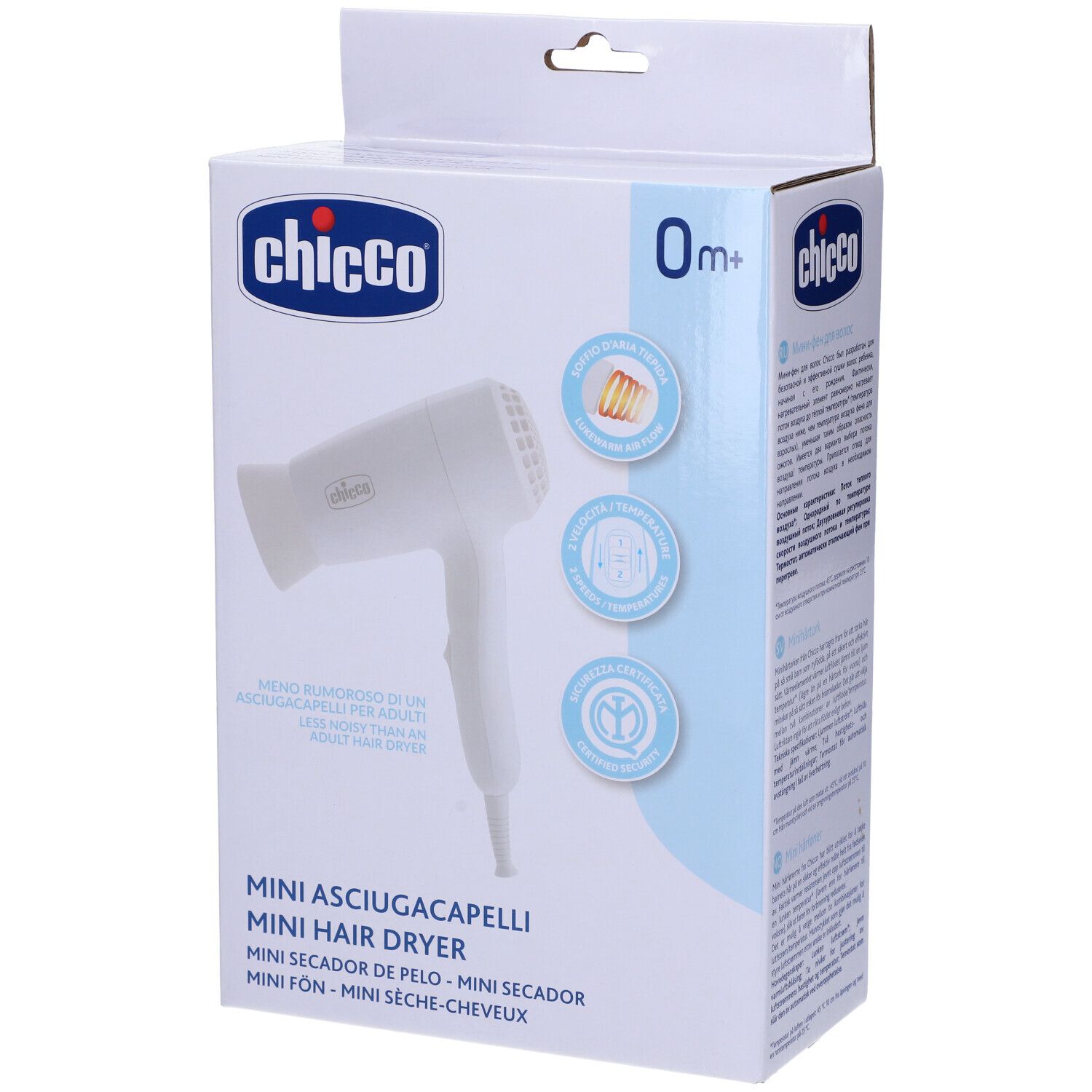 Mini asciugacapelli bianco in confezione. Marchio Chicco. Scritta: Mini Asciugacapelli, 0m+.