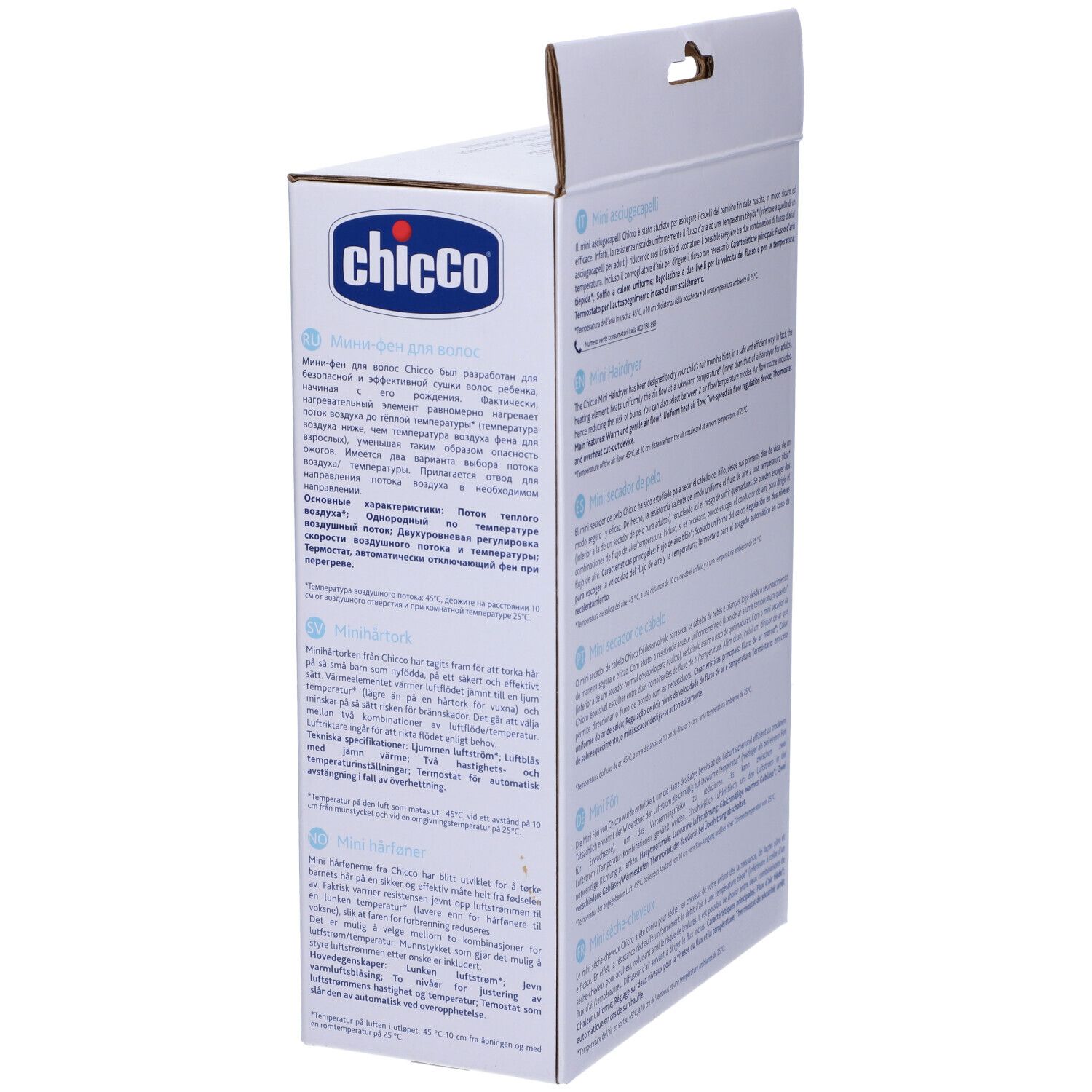 Lato della confezione del mini asciugacapelli. Marchio Chicco. Testo multilingue.