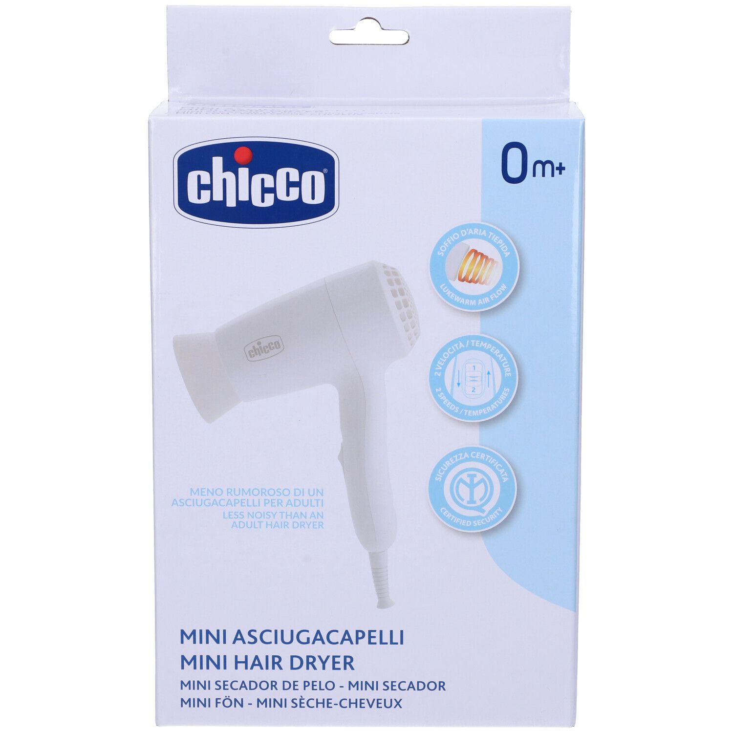 Mini asciugacapelli bianco in confezione. Marchio Chicco. Scritta: Mini Asciugacapelli, 0m+.