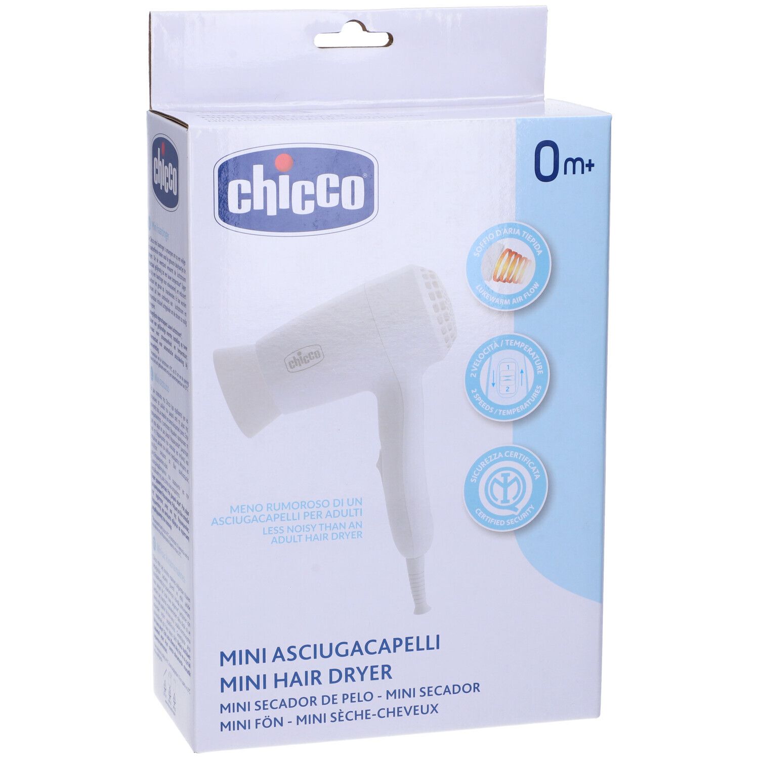 Mini asciugacapelli bianco in confezione. Marchio Chicco. Scritta: Mini Asciugacapelli, 0m+.