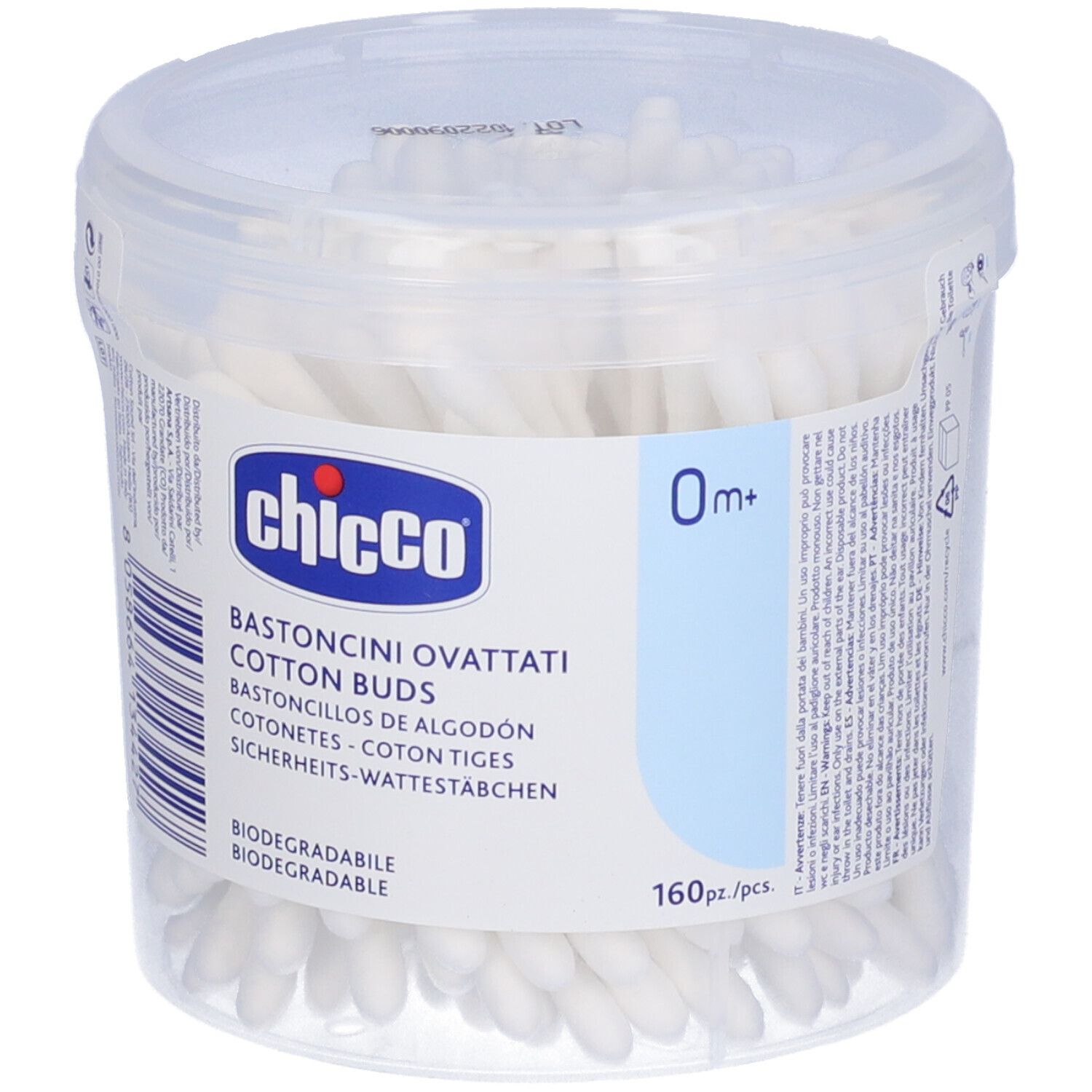 Chicco Cotton Buds in transparenter Dose, 160 Stück, biologisch abbaubar.