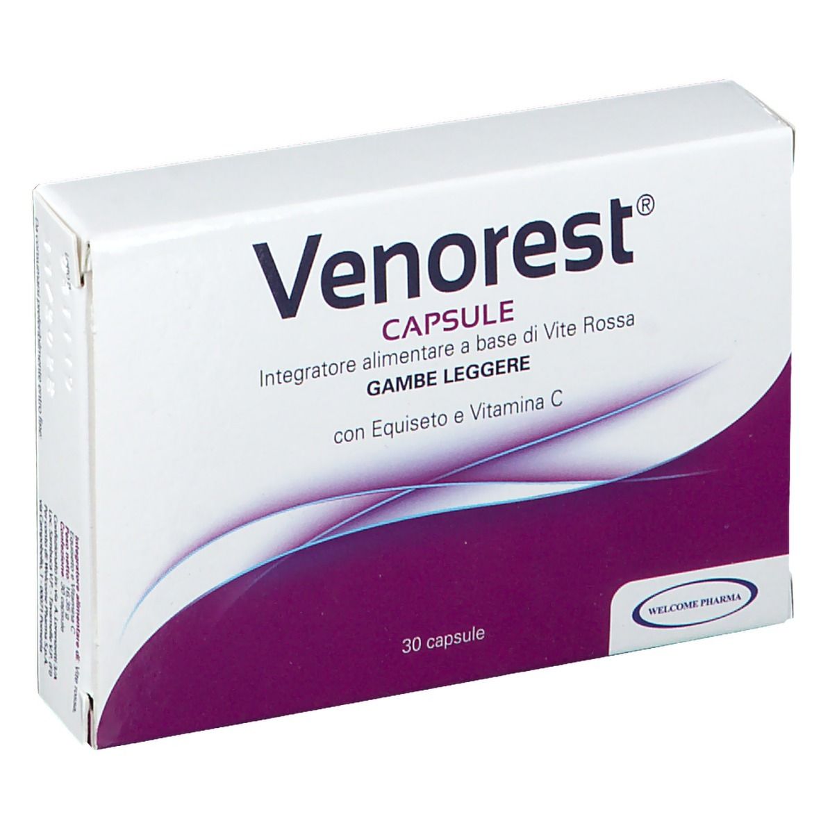 Scatola bianca con dettagli viola. Scritta: Venorest Capsule, 30 capsule. Logo Welcome Pharma.