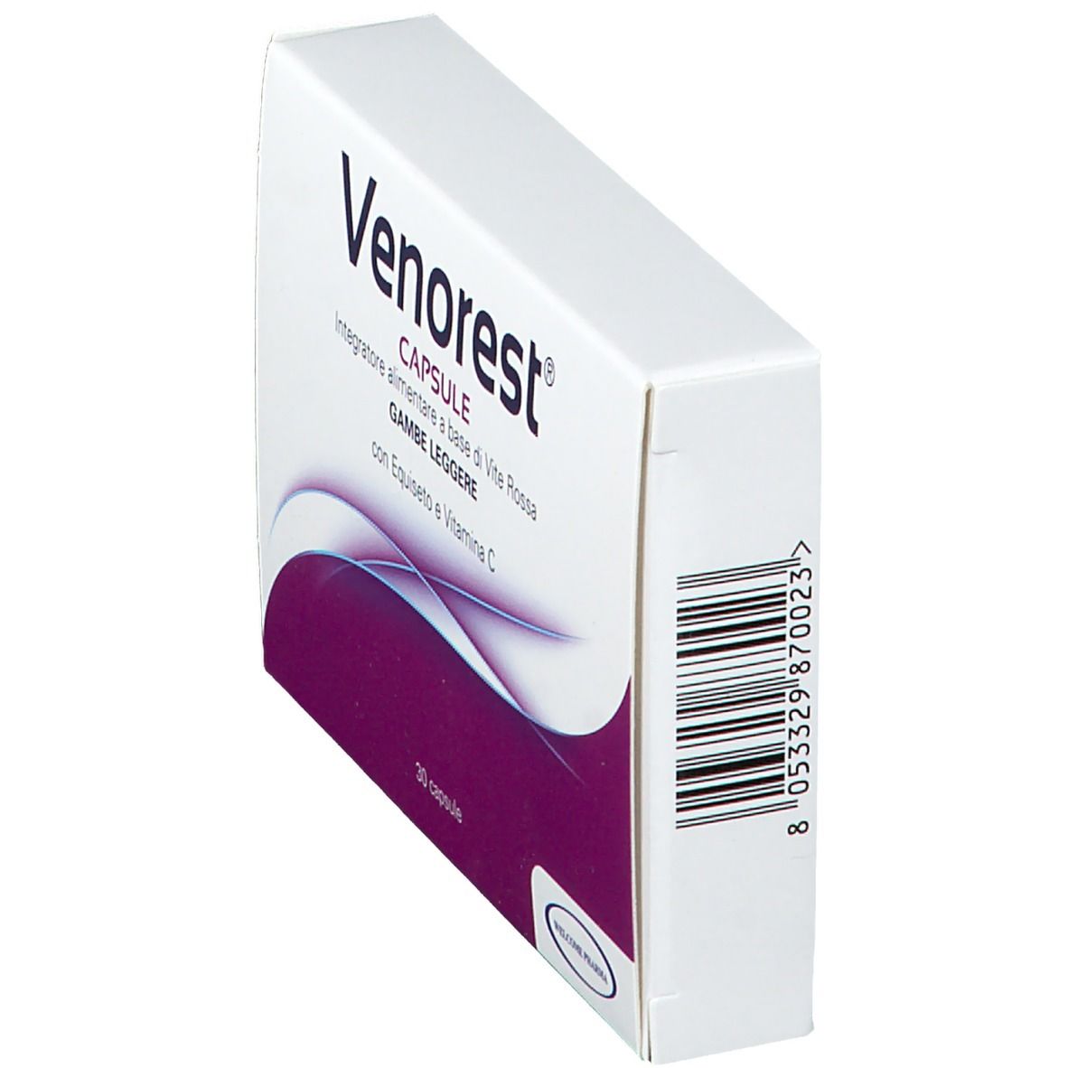 Scatola Venorest Capsule, bianca con dettagli viola. Codice a barre laterale. Vista angolata.