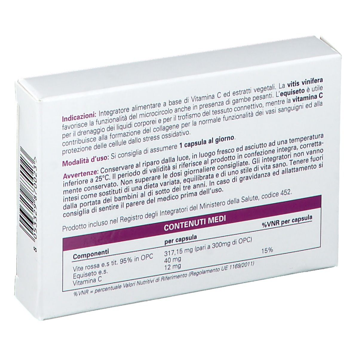 Retro della scatola Venorest Capsule. Testo in italiano. Ingredienti e avvertenze.