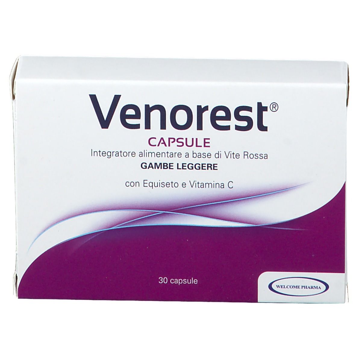 Scatola bianca con dettagli viola. Scritta: Venorest Capsule, 30 capsule. Logo Welcome Pharma.