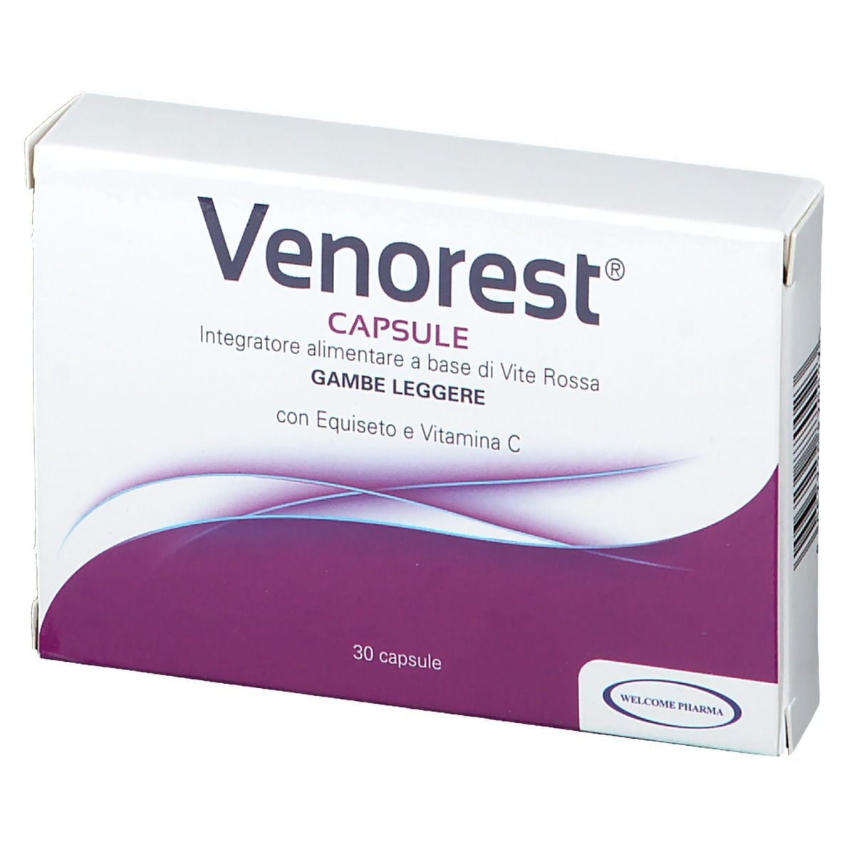 Scatola bianca con dettagli viola. Scritta: Venorest Capsule, 30 capsule. Logo Welcome Pharma.
