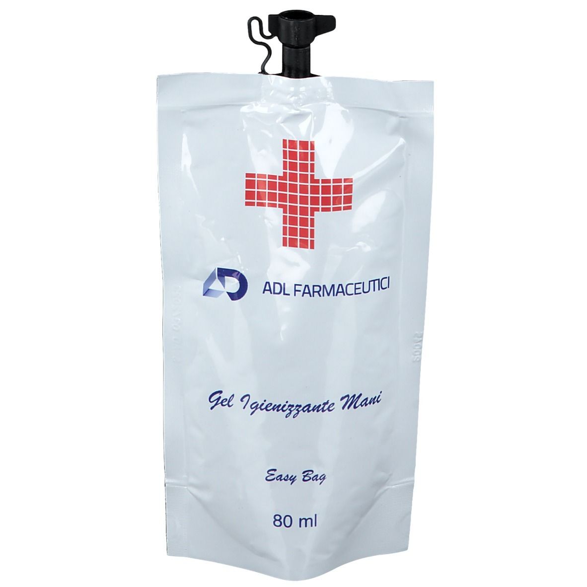 Sachet blanc avec croix rouge et logo 'ADL Farmaceutici'. Fermeture noire. Texte: 'Gel Igienizzante Mani' et 'Easy Bag'.