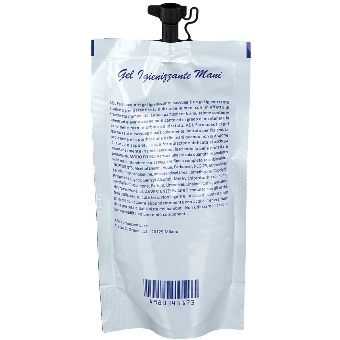 Dos d'un sachet blanc avec texte et code-barres. Fermeture noire. Texte: 'Gel Igienizzante Mani'.