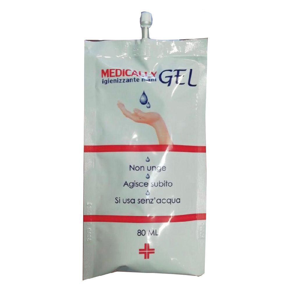 Busta di gel igienizzante mani. Scritta "MEDICALLY GEL". Contiene 80 ml. Con croce rossa.