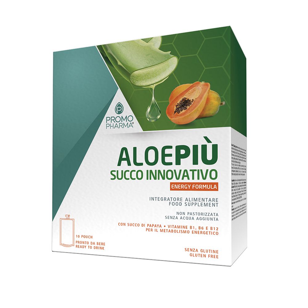 PromoPharma® Aloe Più Energy Formula. Scatola con illustrazione. Foglia di aloe e papaya. Testo: Aloe Più, Succo Innovativo, Energy Formula.