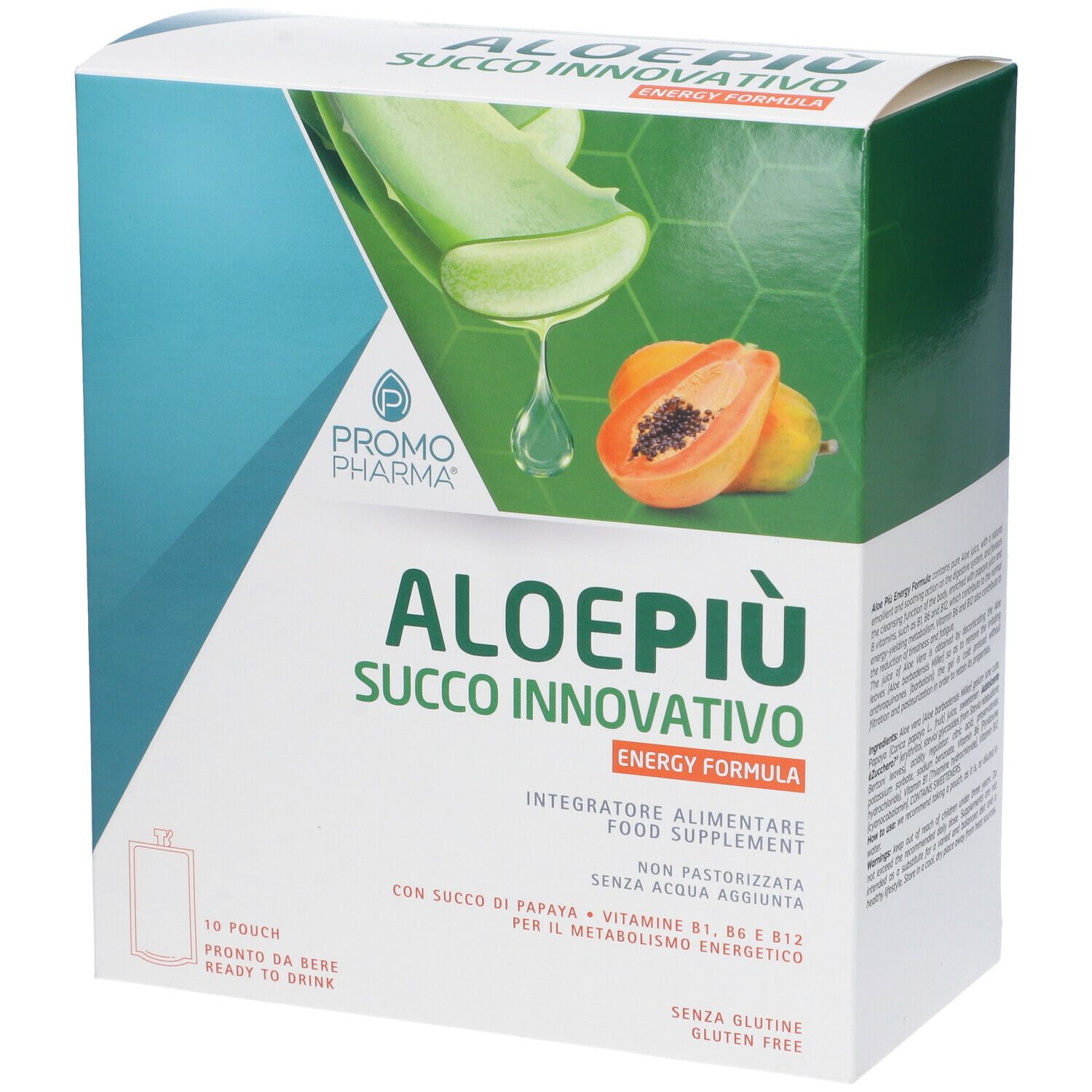 PromoPharma® Aloe Più Energy Formula. Confezione con aloe e papaya. Testo: Aloe Più, Succo Innovativo, Energy Formula. 10 bustine.