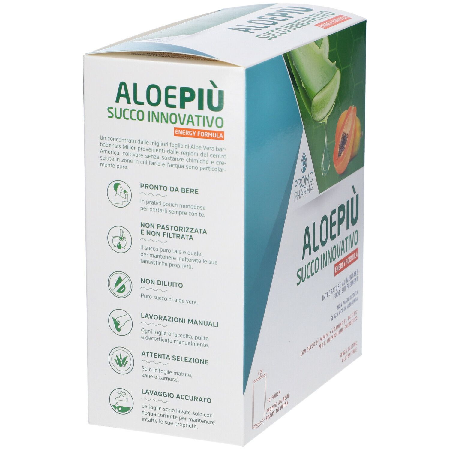 PromoPharma® Aloe Più Energy Formula. Confezione con informazioni. Aloe e papaya. Testo: Aloe Più, Succo Innovativo, Energy Formula.