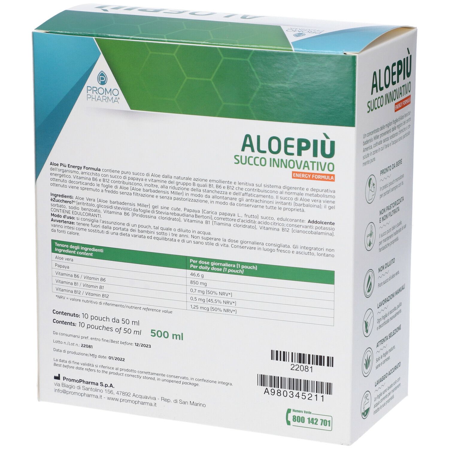 PromoPharma® Aloe Più Energy Formula. Confezione con informazioni. Aloe e papaya. Testo: Aloe Più, Succo Innovativo, Energy Formula.