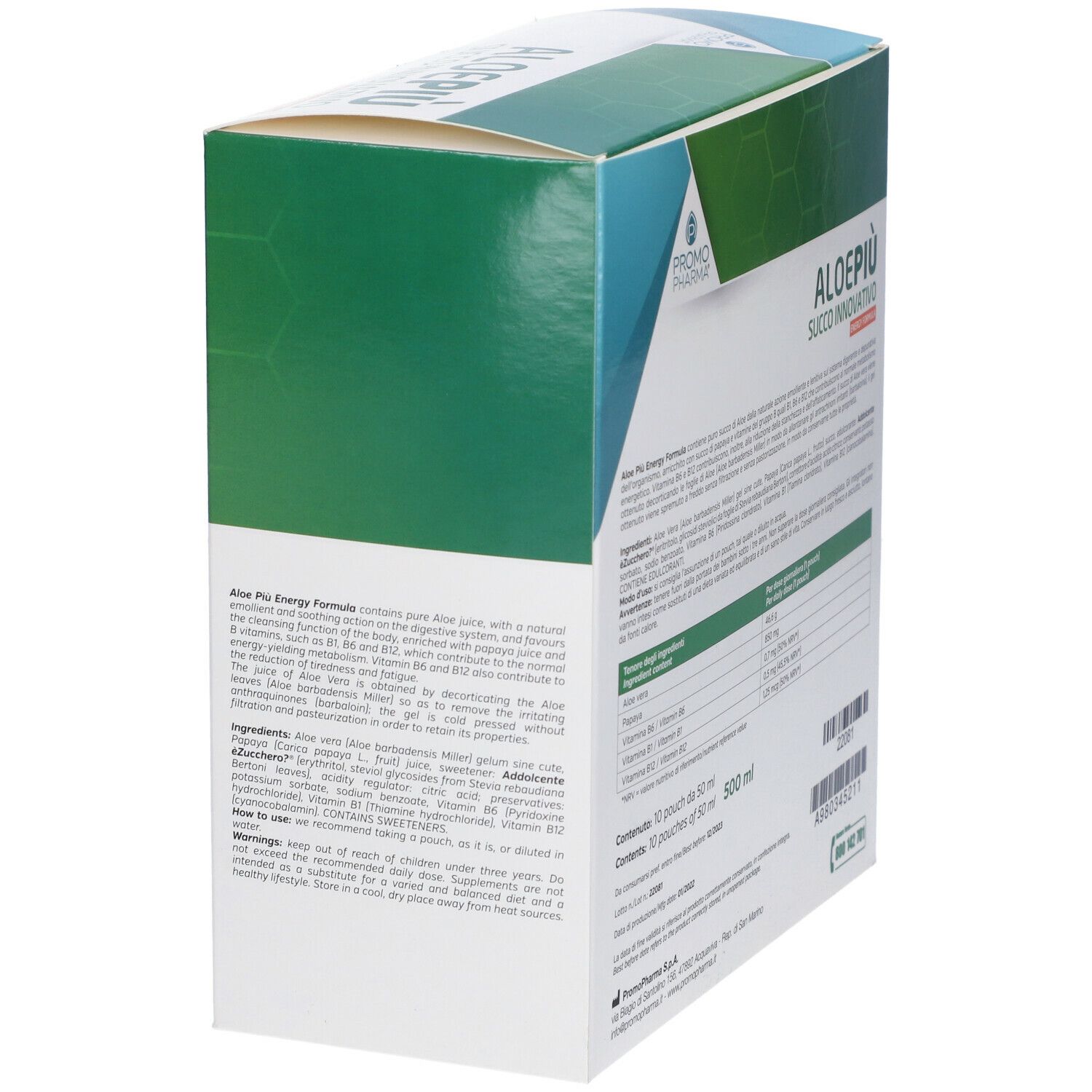 PromoPharma® Aloe Più Energy Formula. Confezione con informazioni. Aloe e papaya. Testo: Aloe Più, Succo Innovativo, Energy Formula.