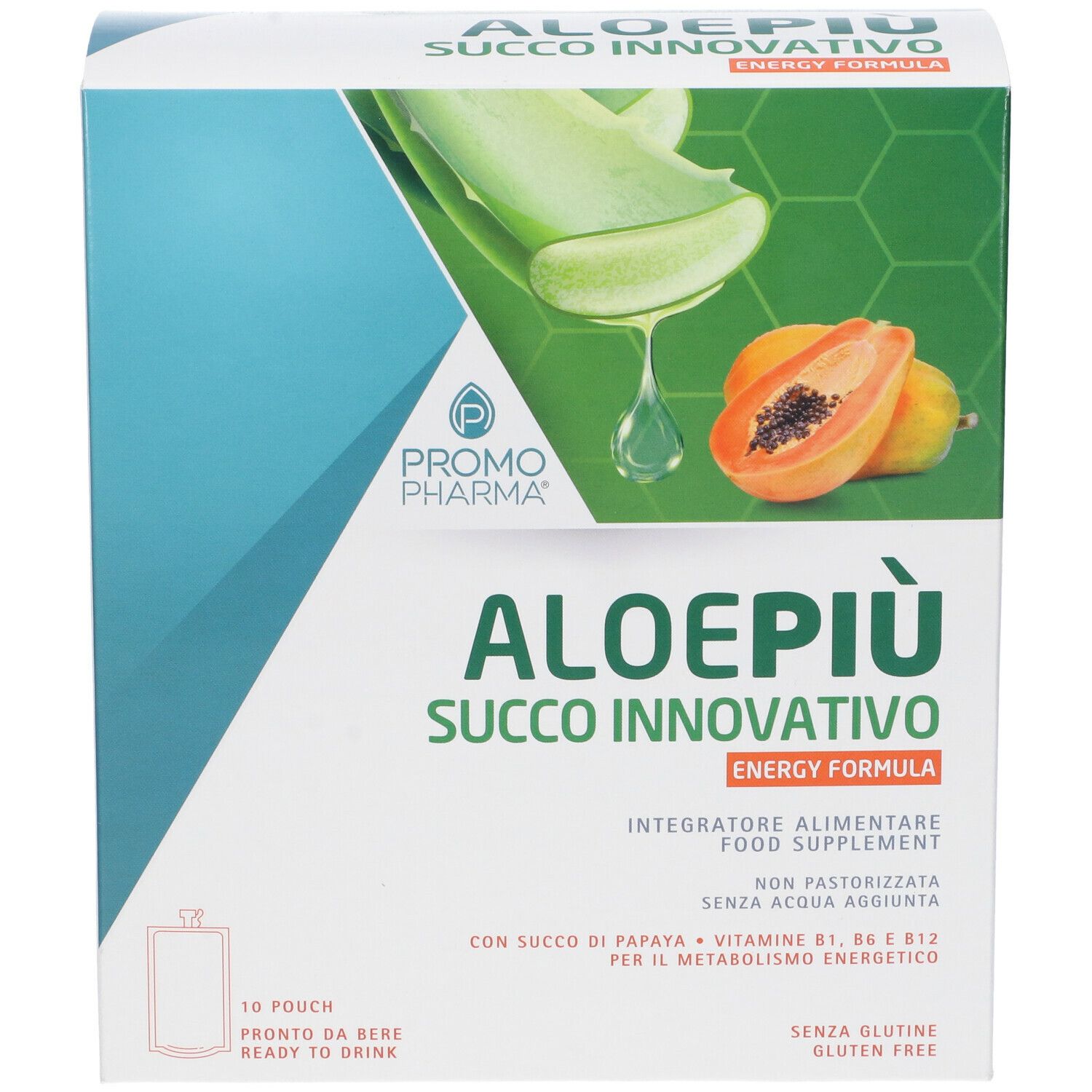 PromoPharma® Aloe Più Energy Formula. Confezione con aloe e papaya. Testo: Aloe Più, Succo Innovativo, Energy Formula. 10 bustine.