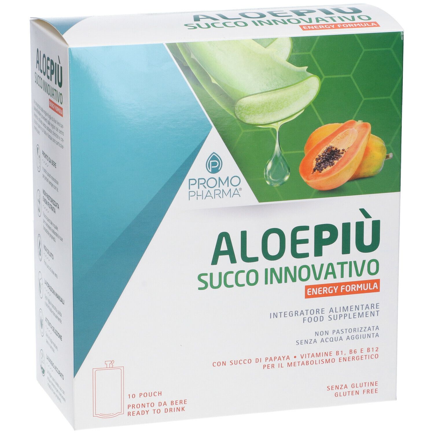 PromoPharma® Aloe Più Energy Formula. Scatola con illustrazione. Foglia di aloe e papaya. Testo: Aloe Più, Succo Innovativo, Energy Formula.