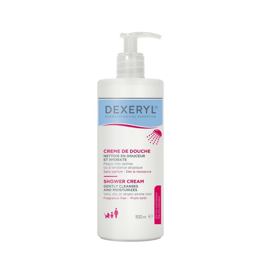 Flacon blanc avec pompe. Inscription DEXERYL, Crème de Douche, Shower Cream. Pour peaux très sèches. 500ml.