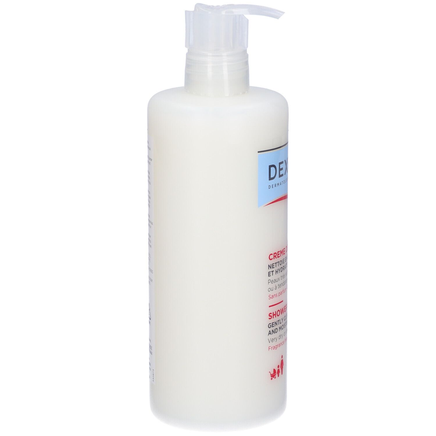 Flacon blanc avec pompe. Inscription DEXERYL, Crème de Douche, Shower Cream. Pour peaux très sèches. 500ml.