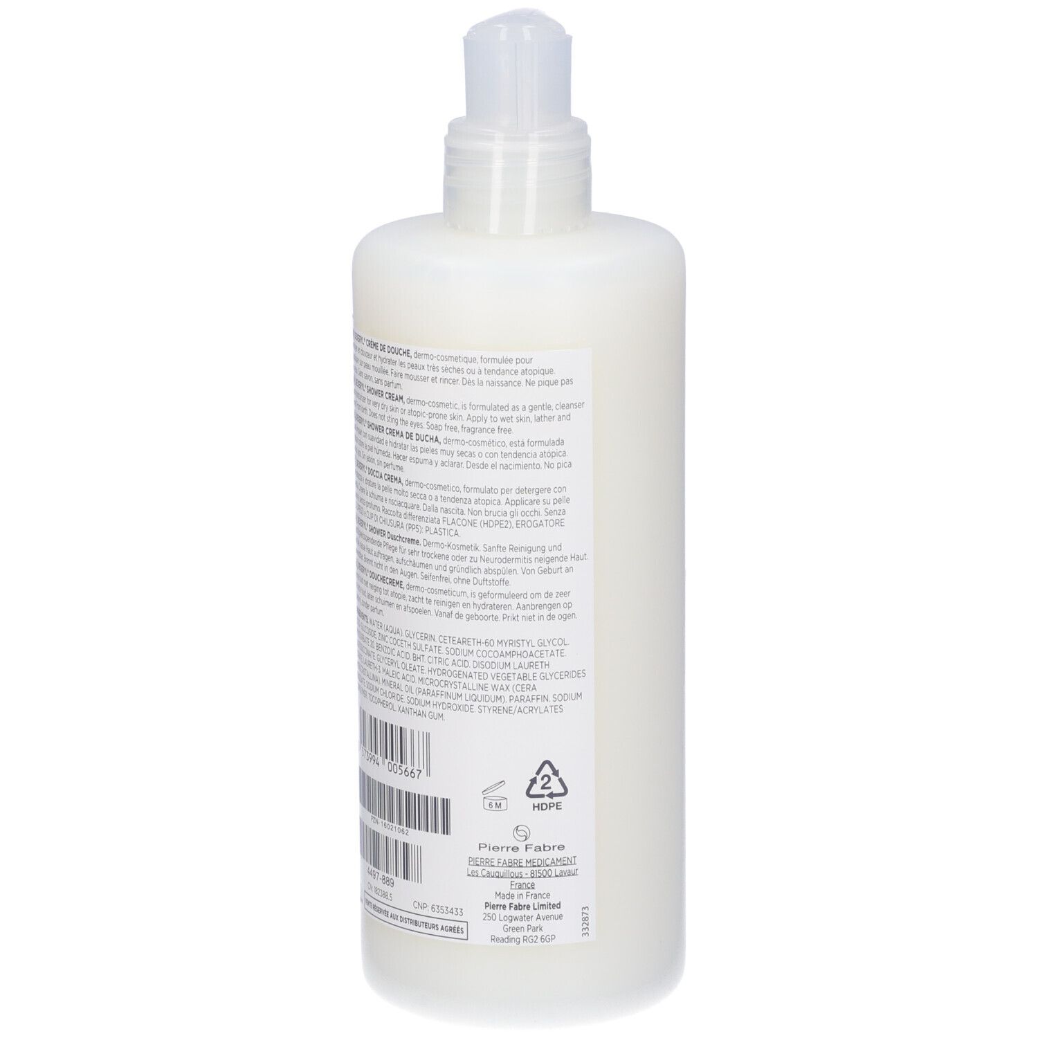 Dos d'un flacon blanc avec pompe. Texte multilingue. Code-barres et symbole de recyclage.