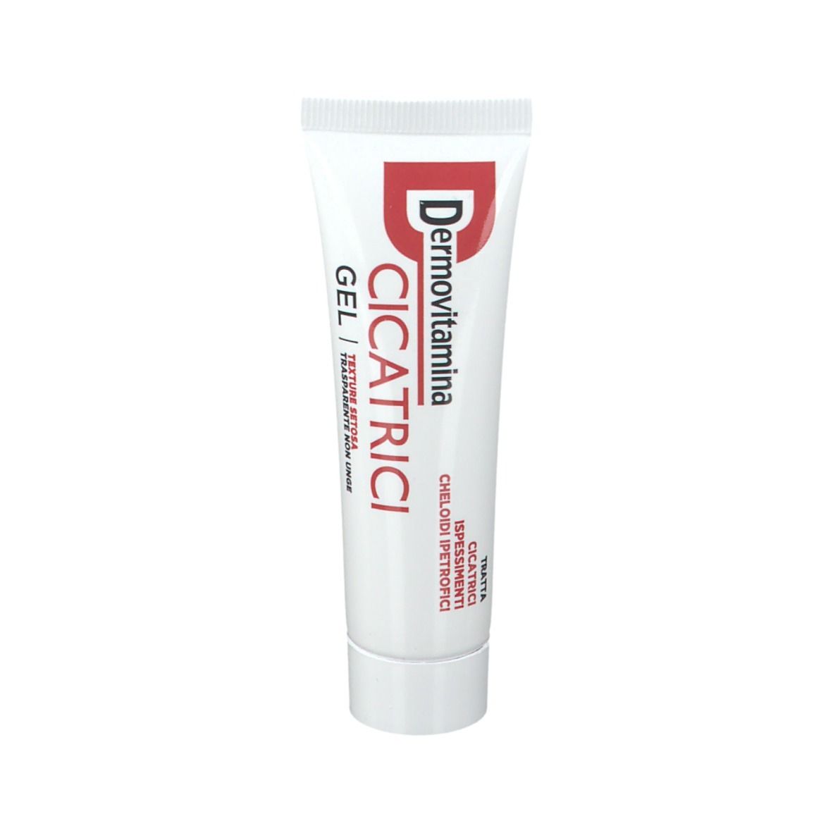 Tubo con nome del prodotto e designazione gel. Per cicatrici, ispessimenti e cheloidi ipertrofici.