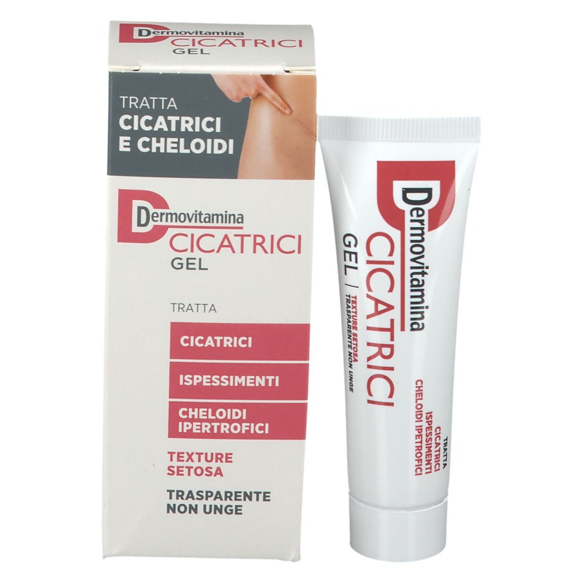 Tubo e confezione con nome del prodotto e designazione gel. Per cicatrici e cheloidi.
