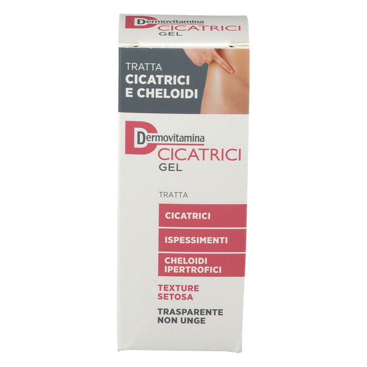 Confezione con nome del prodotto e designazione gel. Per cicatrici e cheloidi. Con illustrazione.