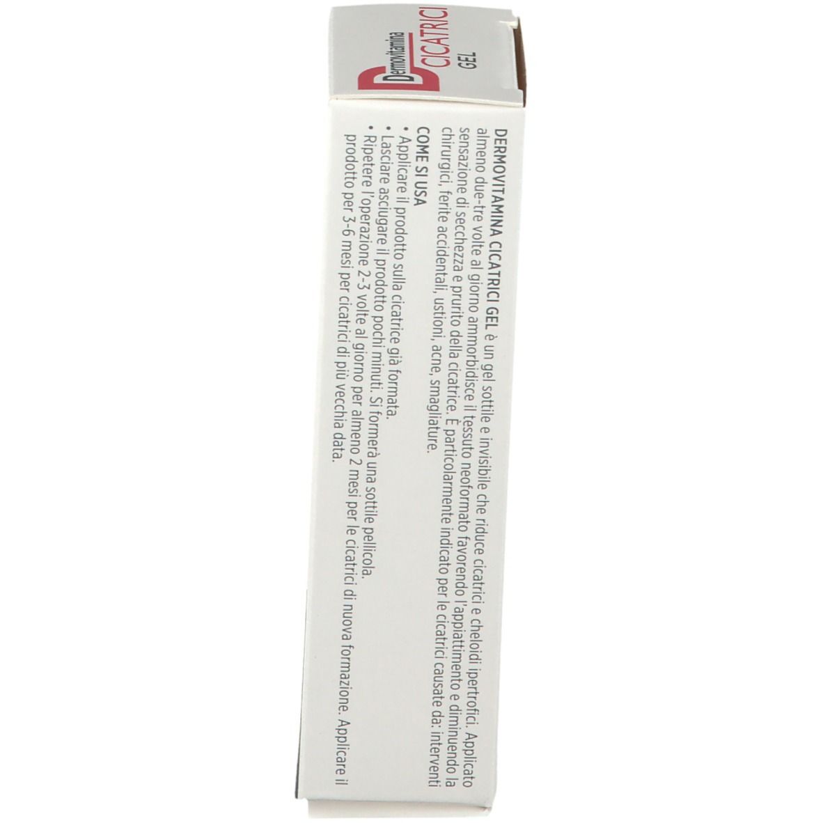 Confezione con nome del prodotto e designazione gel. Contiene istruzioni per l'uso. Per cicatrici.
