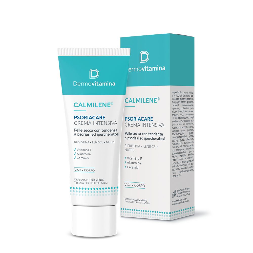 Creme-Tube und Schachtel. Aufschrift: Dermovitamina Calmilene Psoriacare Creme. Inhaltsstoffe: Vitamin E, Allantoin, Ceramide.