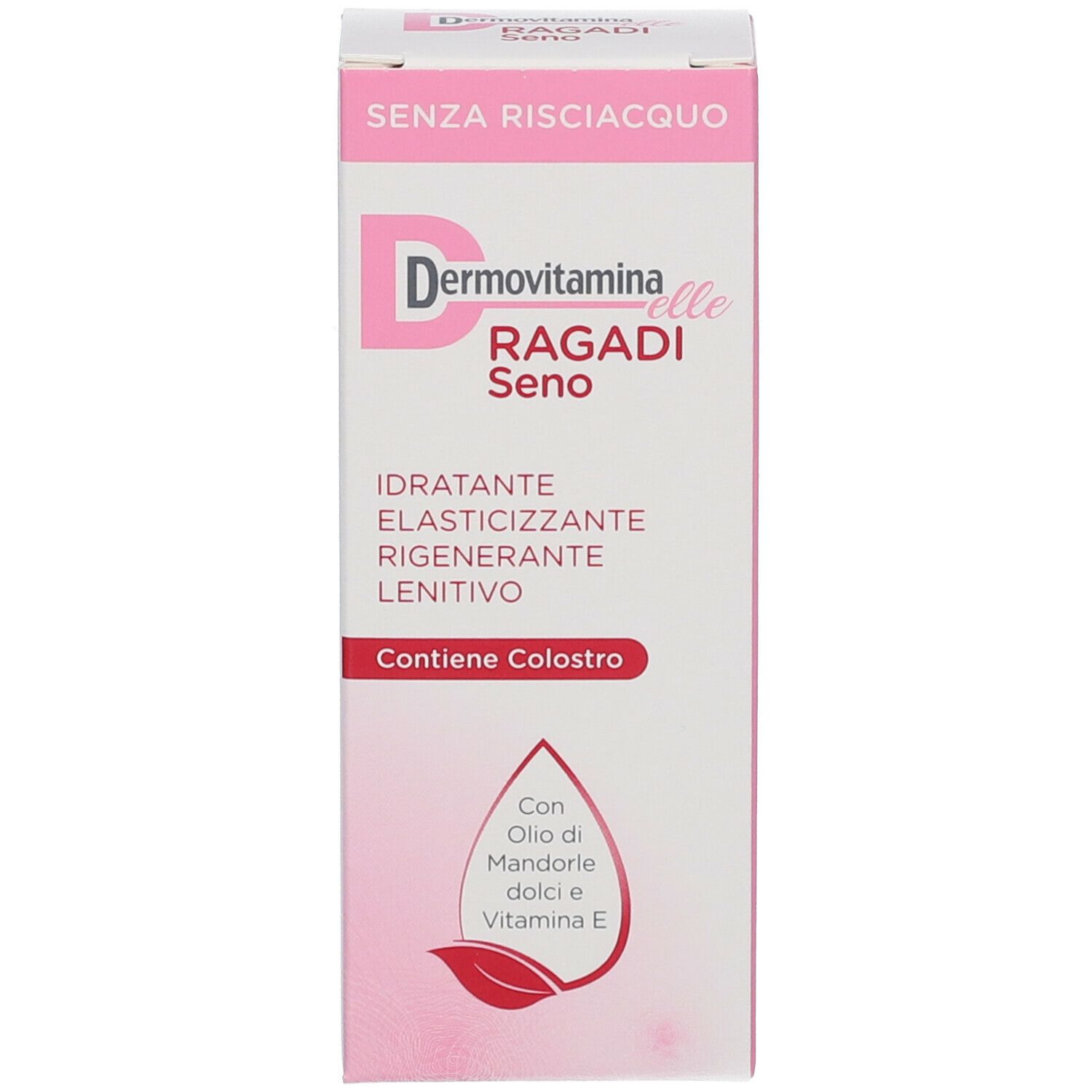 Confezione rosa. Scritta: Dermovitamina Elle Ragadi Seno. Contiene colostro. Senza risciacquo.