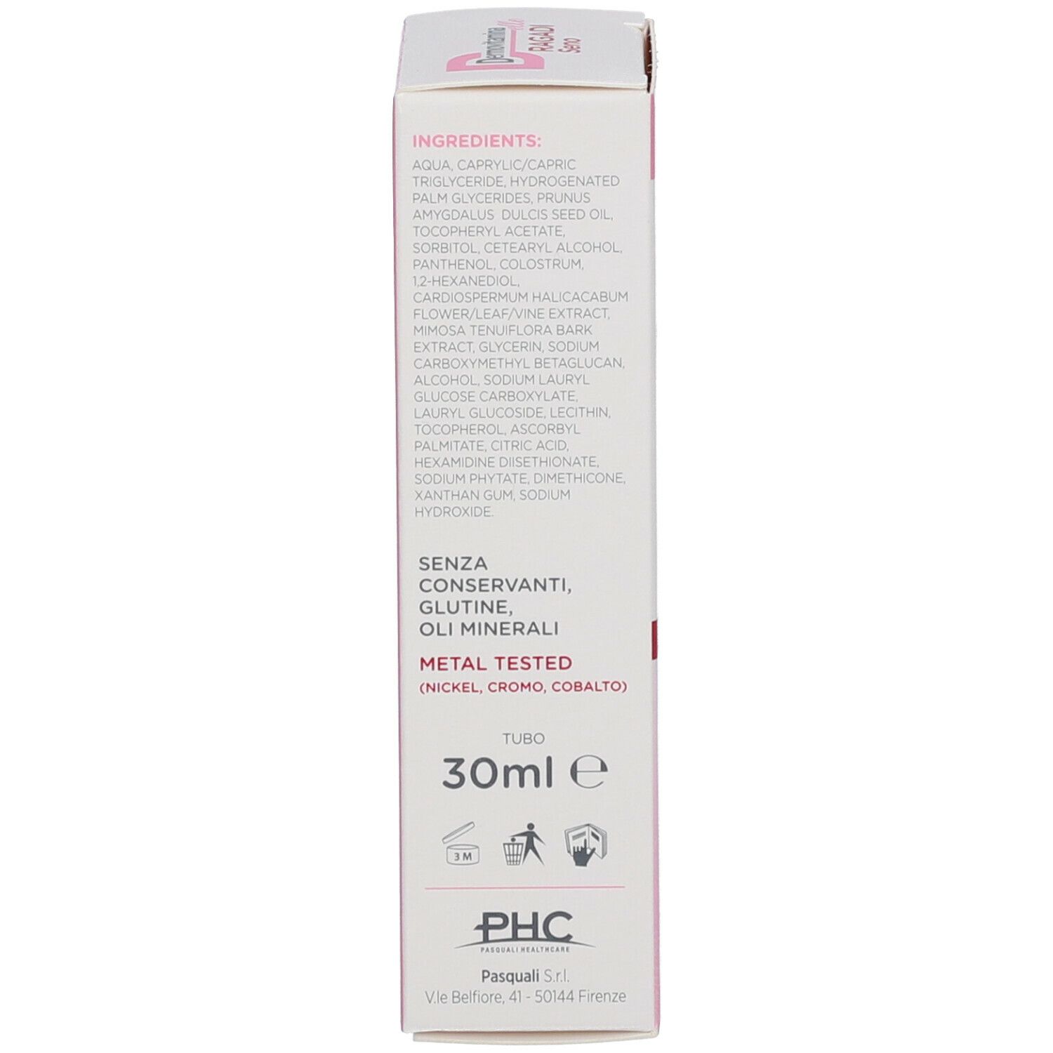 Confezione. Lista ingredienti. Scritta: 30ml e. Senza conservanti, glutine, oli minerali. Metal Tested.