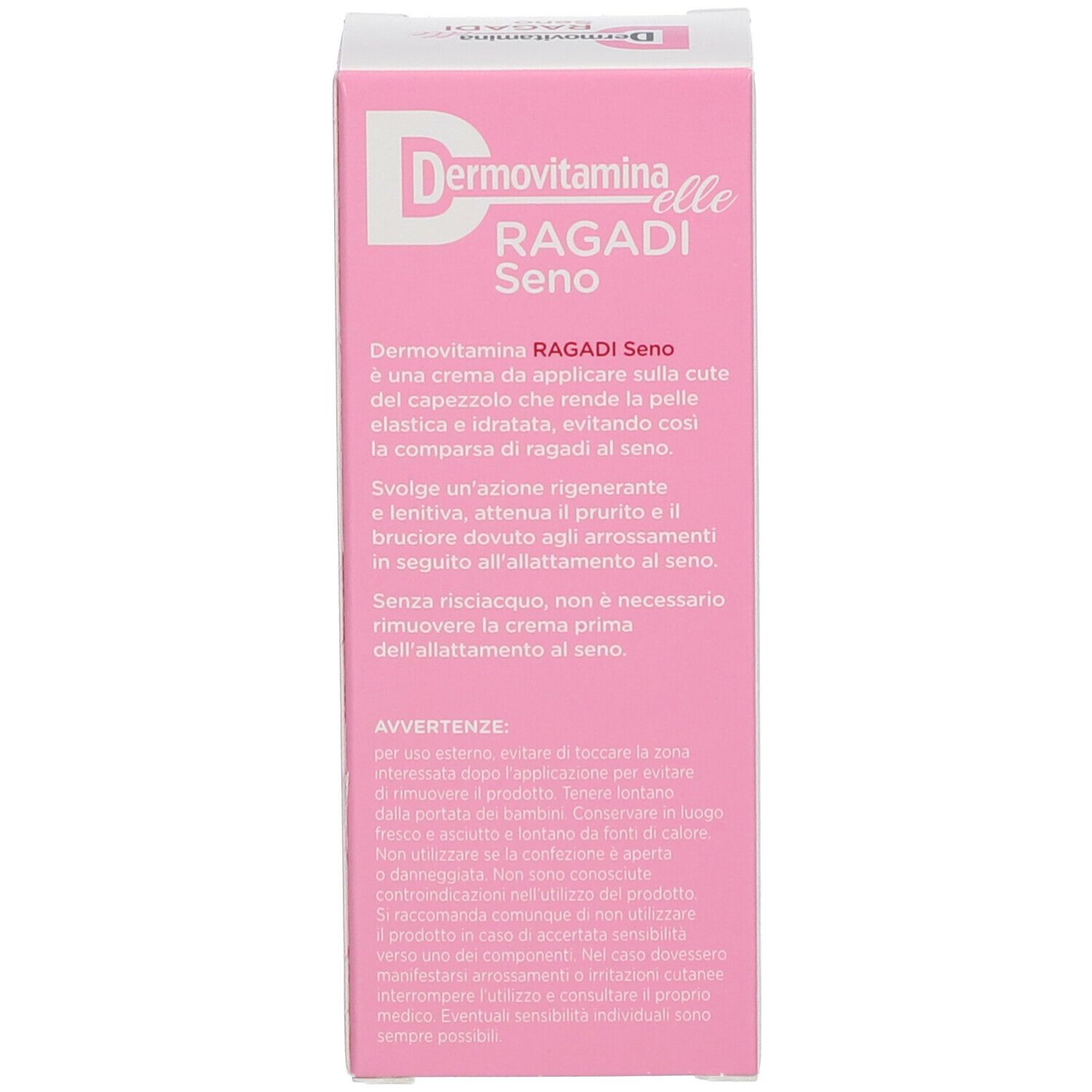 Confezione. Testo. Scritta: Dermovitamina Ragadi Seno. Dermatologicamente testato. Senza risciacquo.