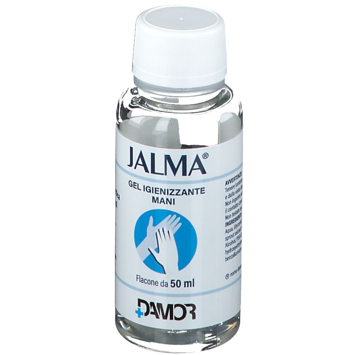 Flacone trasparente con tappo bianco. Etichetta con "JALMA", "Gel Igienizzante Mani" e "DAMOR".