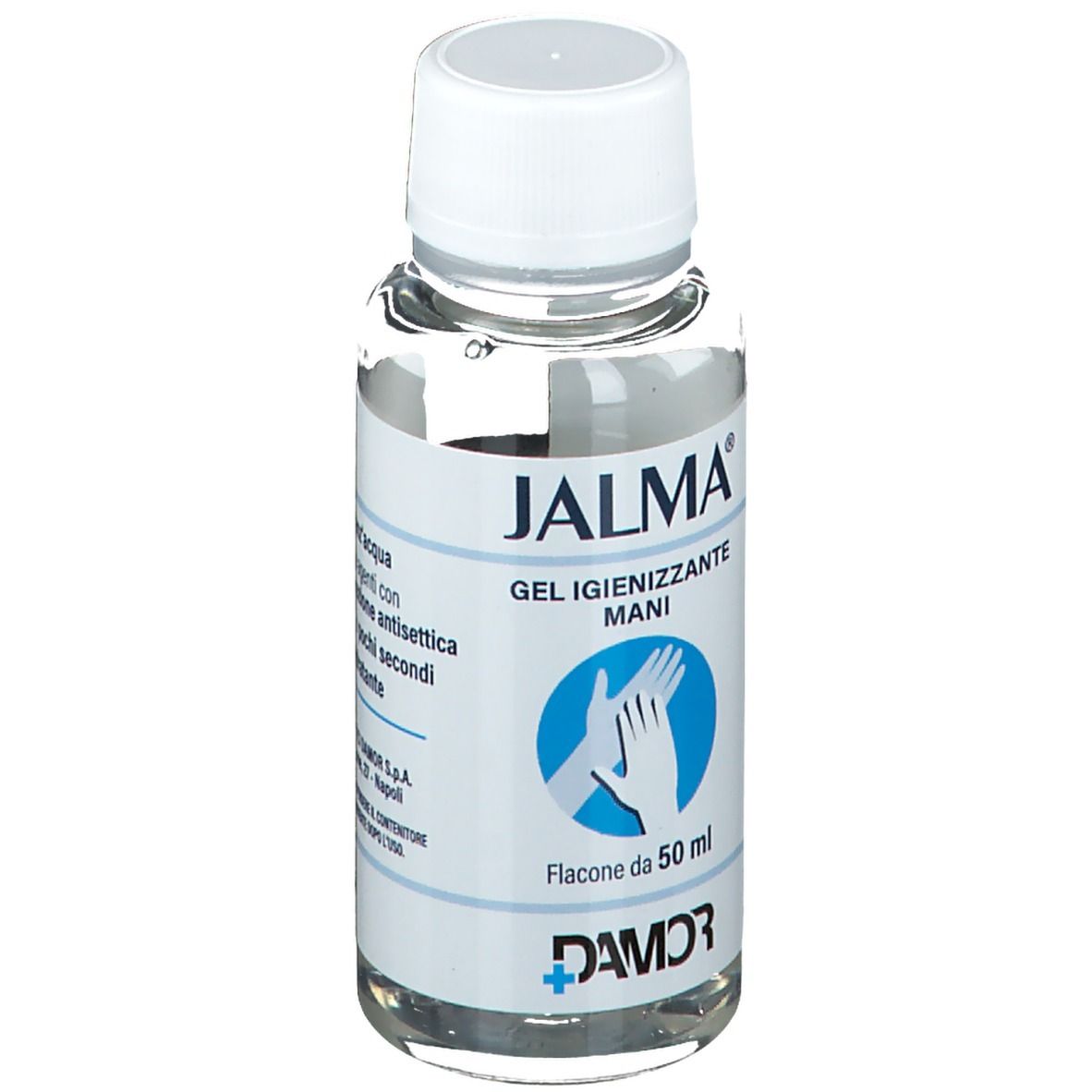Flacone trasparente con tappo bianco. Etichetta con "JALMA", "Gel Igienizzante Mani" e "DAMOR".