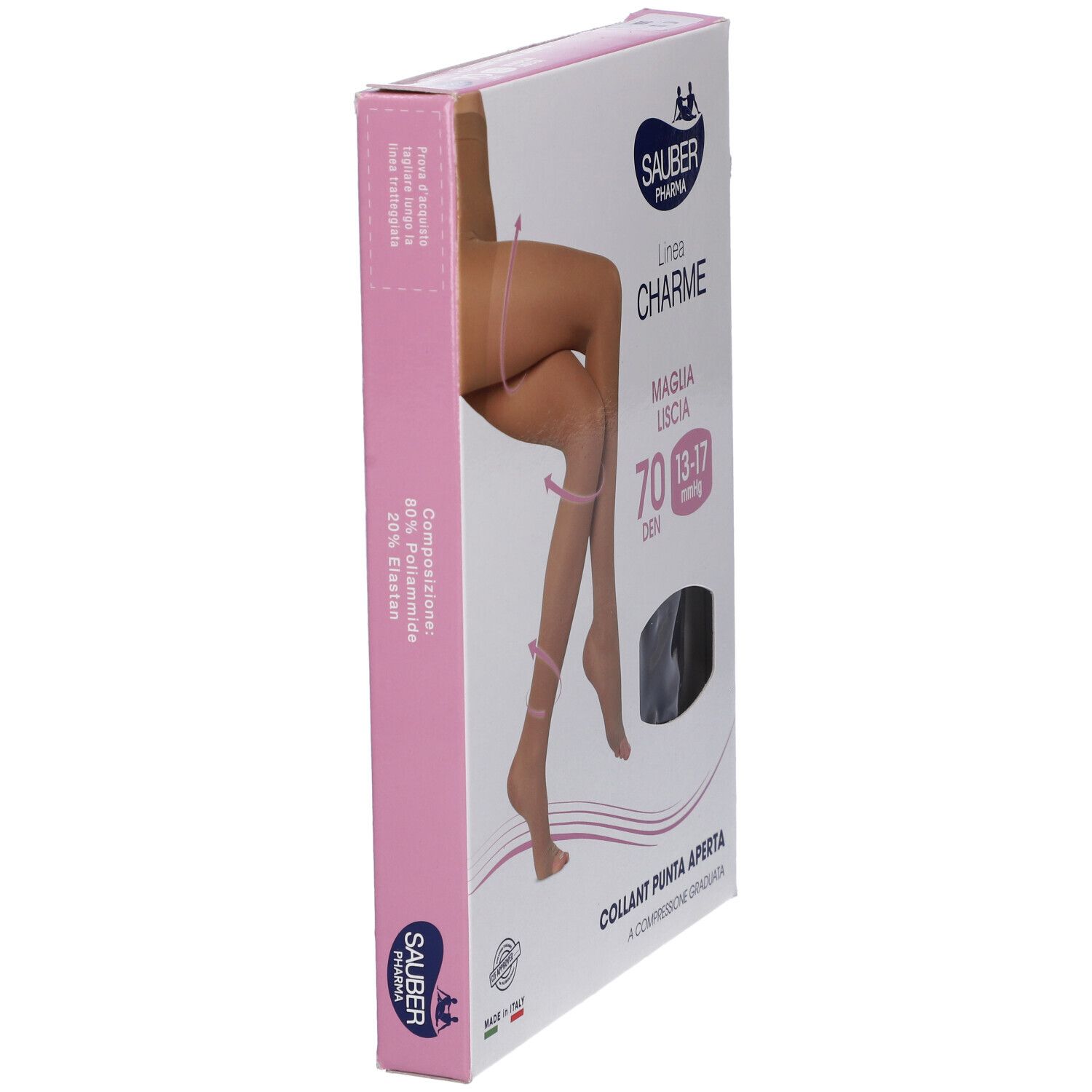 Seitenansicht der Verpackung von Sauber Collant Open Toe 70 Denari. Rosa Akzente und Produktabbildung.