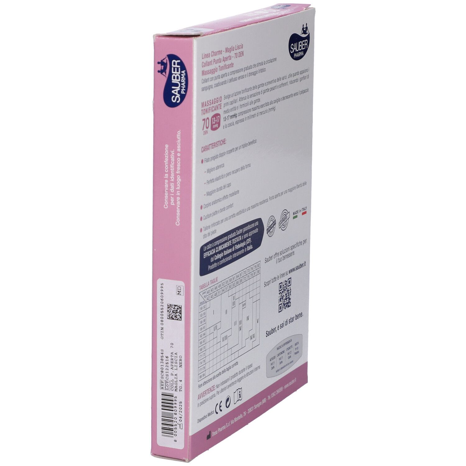Seitenansicht der Verpackung von Sauber Collant Open Toe 70 Denari. Text und QR-Code.