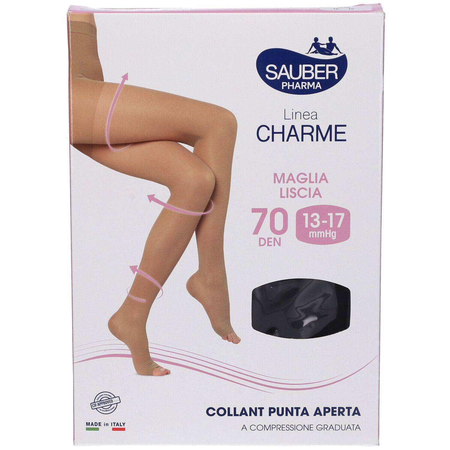 Verpackung mit Sauber Collant Open Toe 70 Denari. Abbildung von Beinen mit Strumpfhose. Marke Sauber Pharma.
