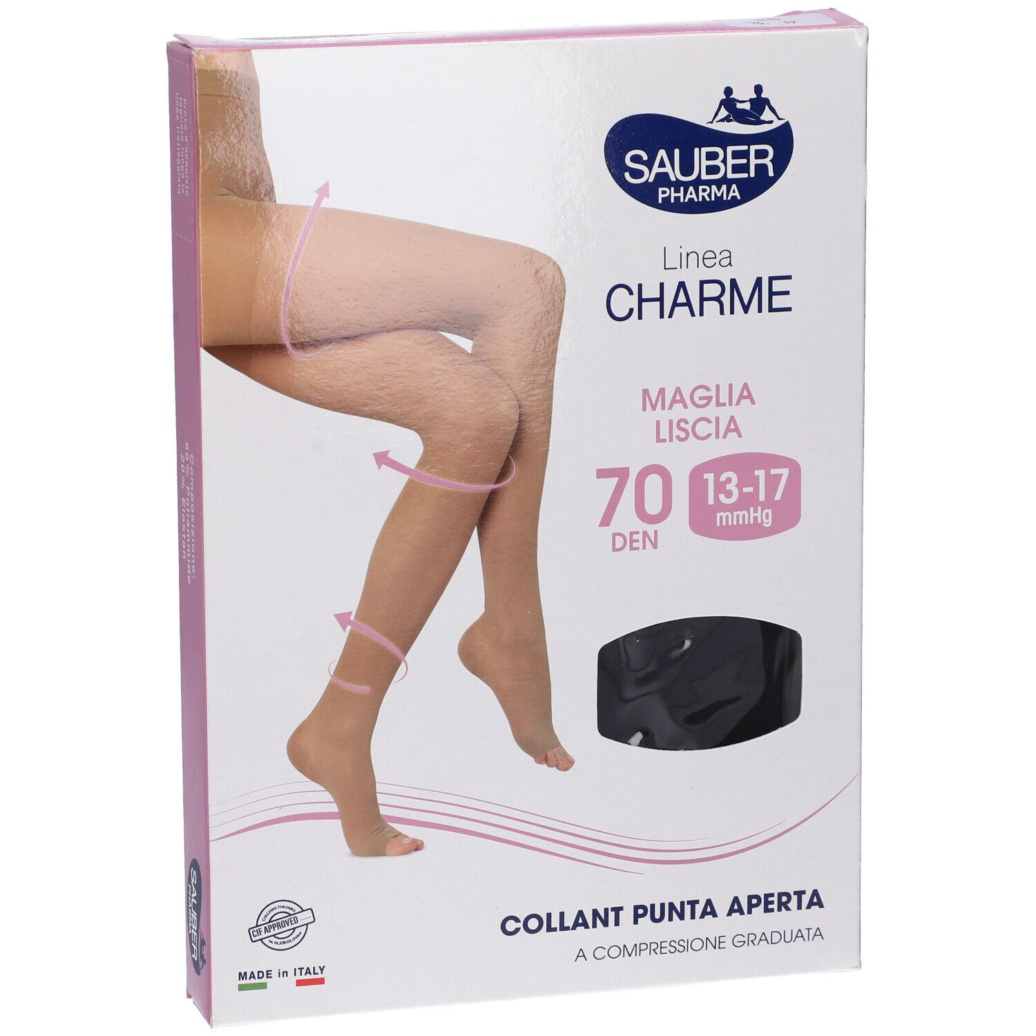 Verpackung mit Sauber Collant Open Toe 70 Denari. Abbildung von Beinen mit Strumpfhose. Marke Sauber Pharma.