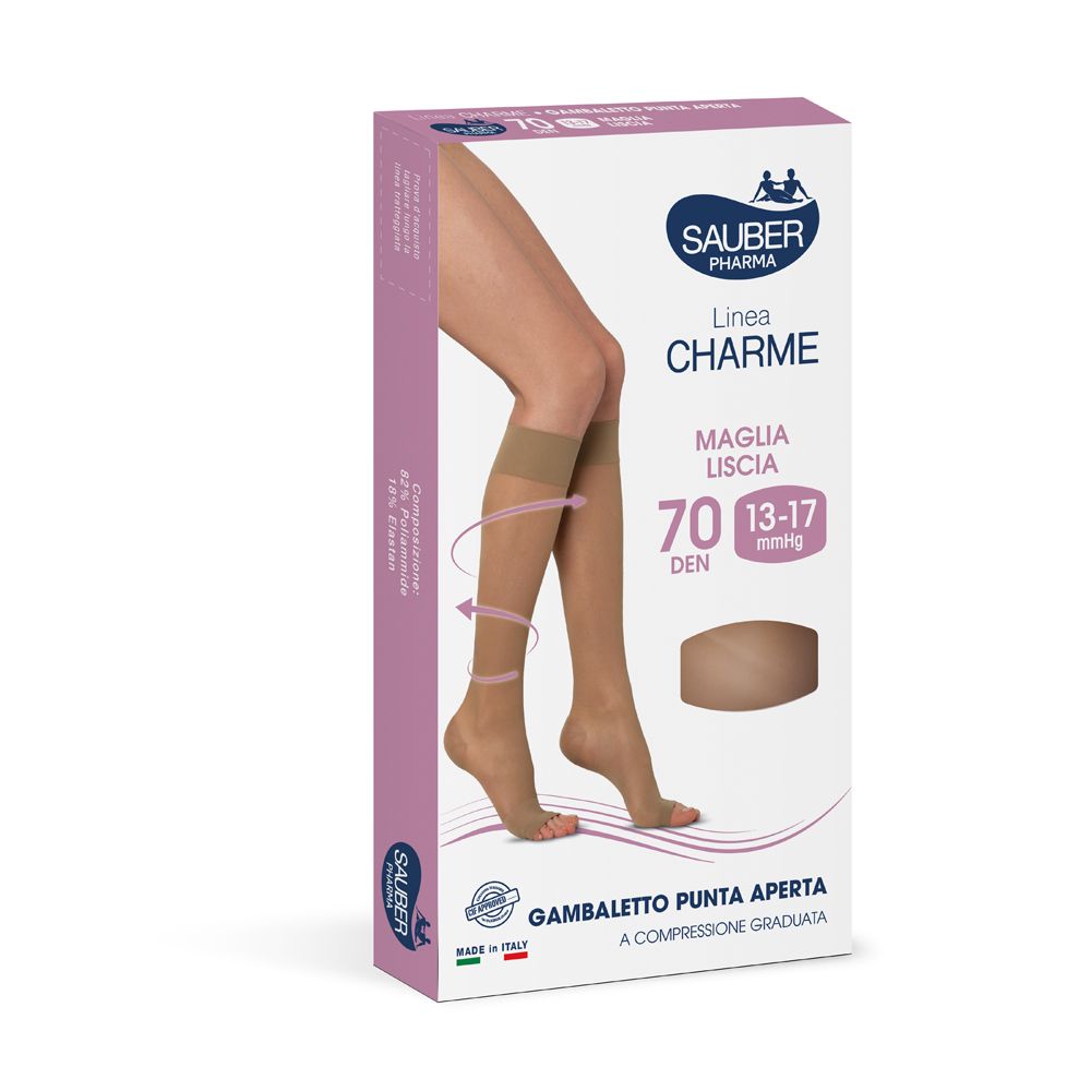 Confezione di gambaletti a compressione Sauber Pharma, modello Charme, 70 den, punta aperta. Immagine di gambe con calze.