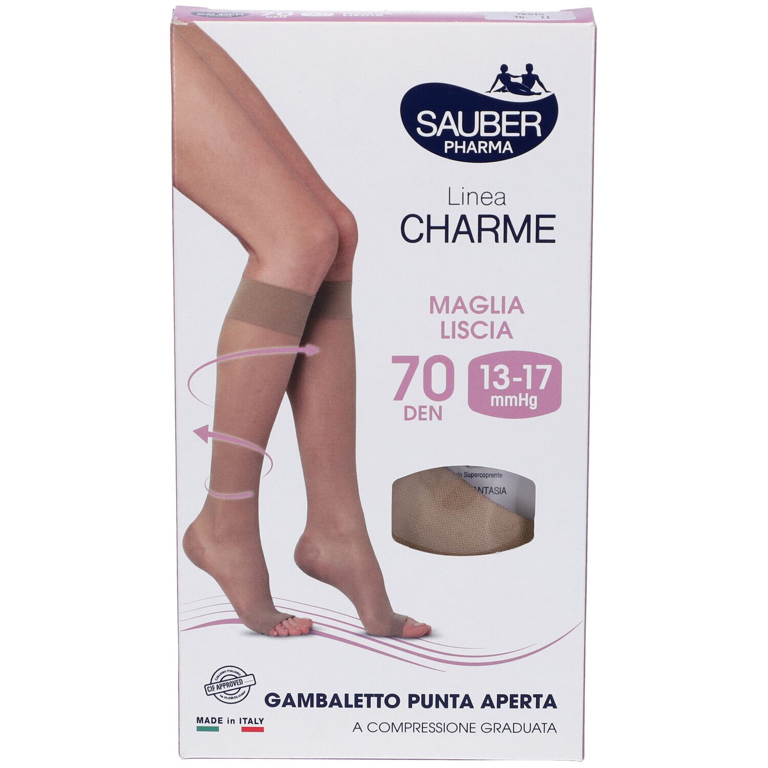 Confezione di gambaletti a compressione Sauber Pharma, modello Charme, 70 den, punta aperta. Vista del prodotto.