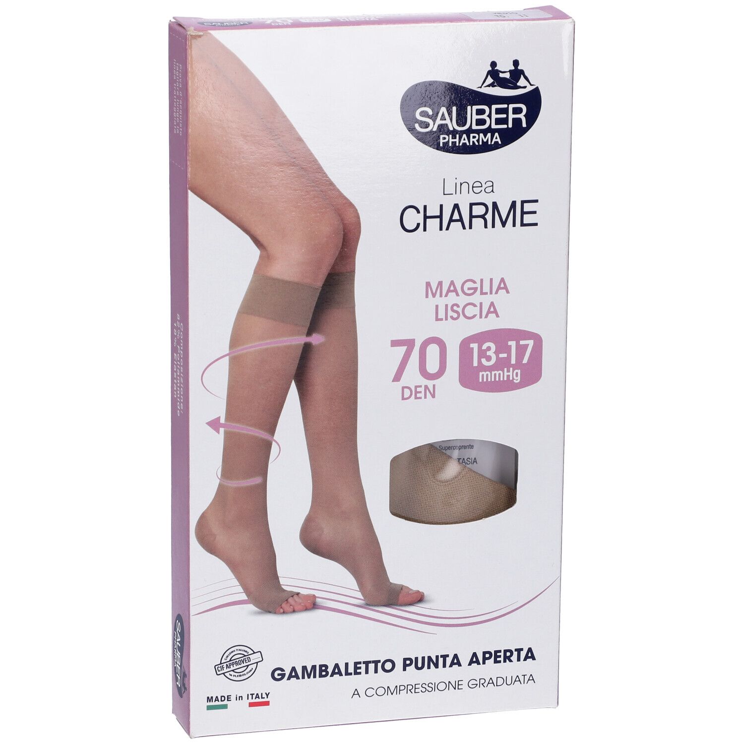 Confezione di gambaletti a compressione Sauber Pharma, modello Charme, 70 den, punta aperta. Vista del prodotto.