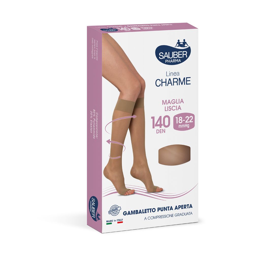 Confezione calze a compressione Sauber Charme, 140 den, punta aperta. Calze beige. Marca Sauber Pharma.