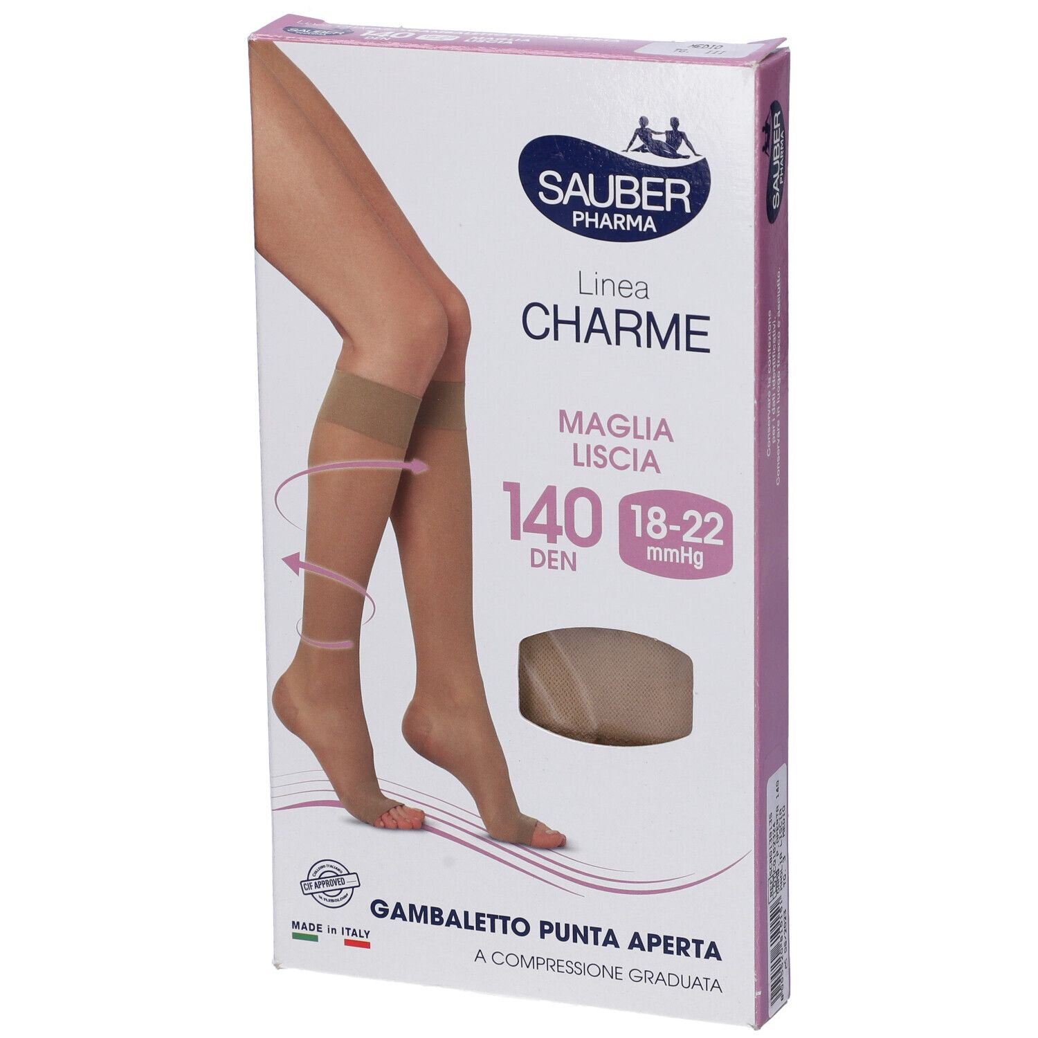 Confezione calze a compressione Sauber Charme, 140 den, punta aperta. Calze beige. Marca Sauber Pharma.