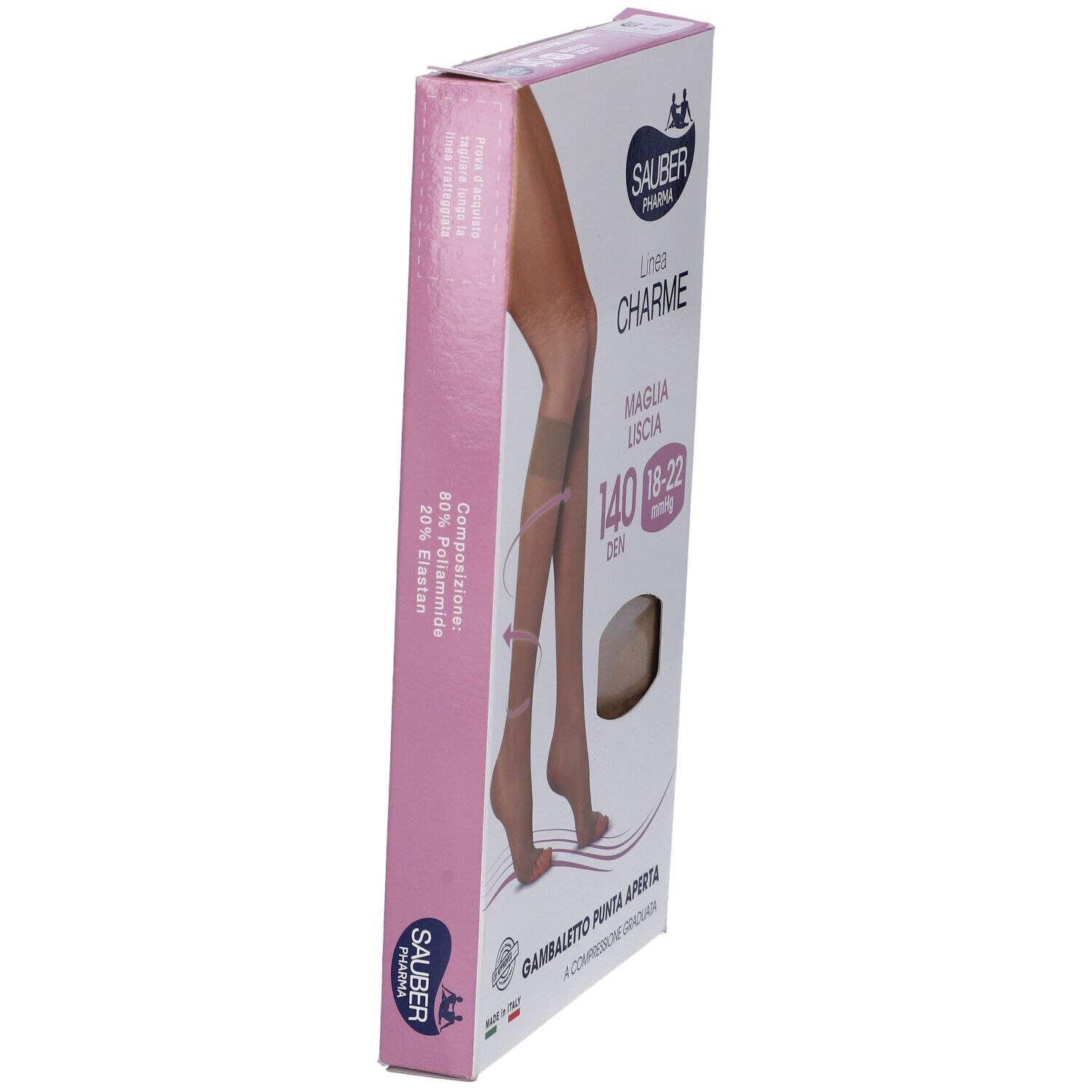 Confezione calze a compressione Sauber Charme, 140 den, punta aperta. Calze beige. Marca Sauber Pharma.