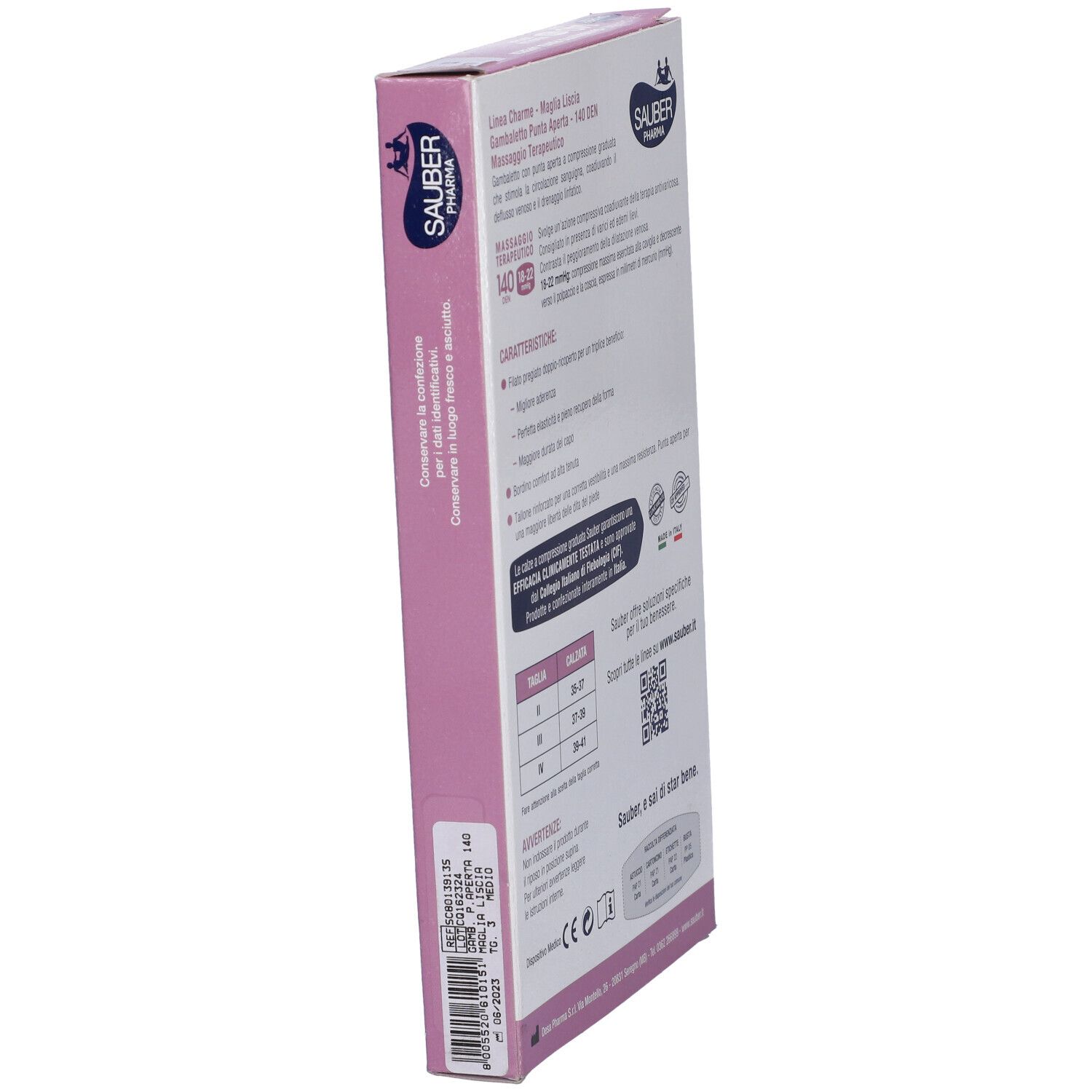 Lato confezione con informazioni prodotto. Marca Sauber Pharma, modello Charme, 140 den, punta aperta. Testo.