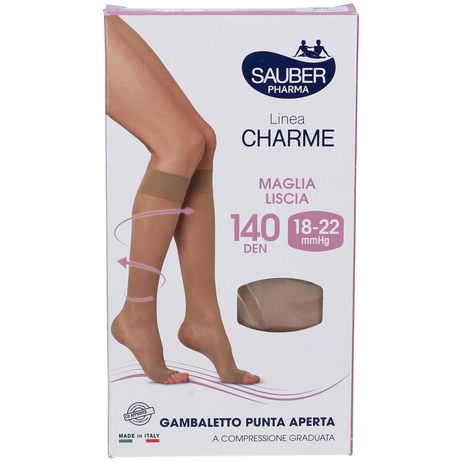 Confezione calze a compressione Sauber Charme, 140 den, punta aperta. Calze beige. Marca Sauber Pharma.