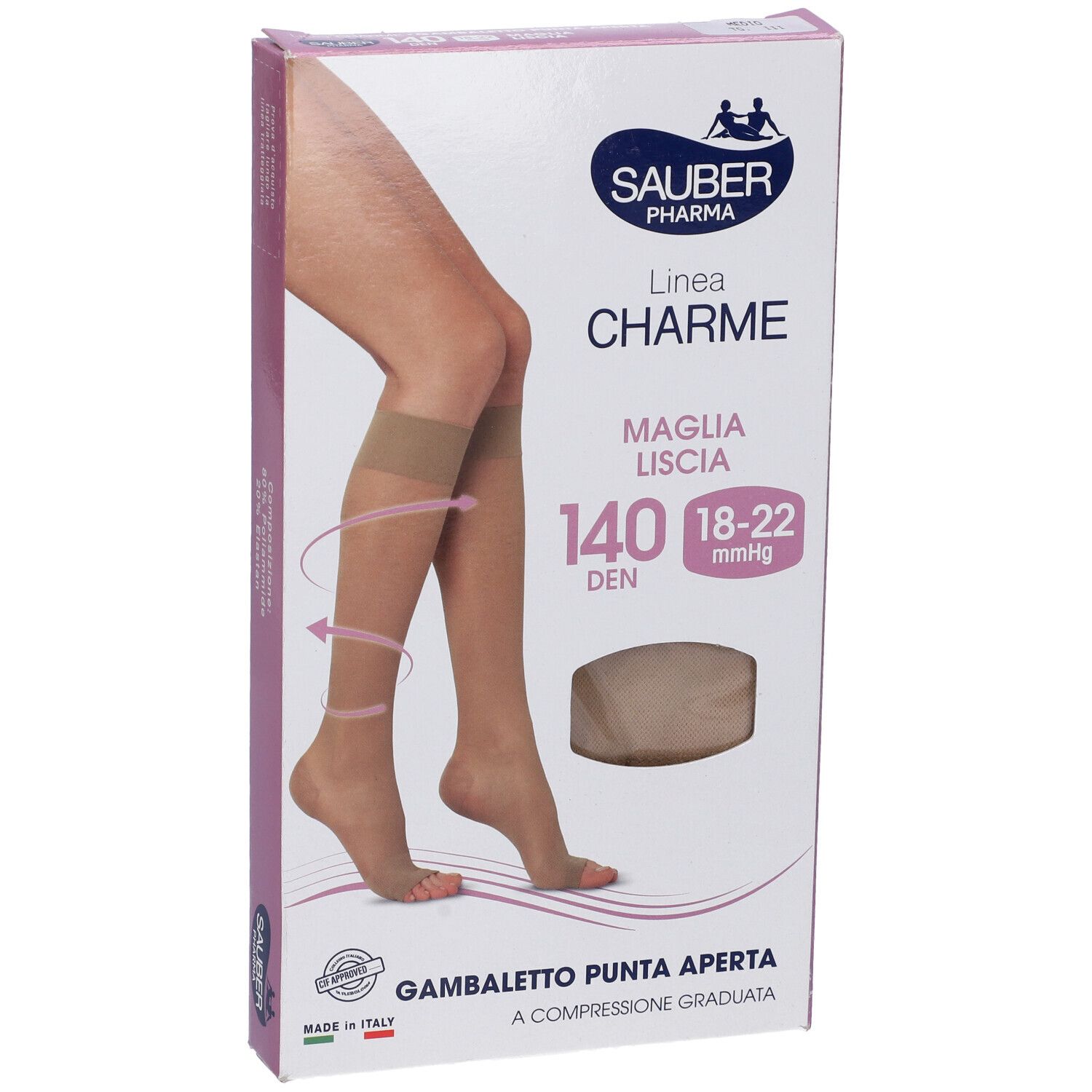 Confezione calze a compressione Sauber Charme, 140 den, punta aperta. Calze beige. Marca Sauber Pharma.