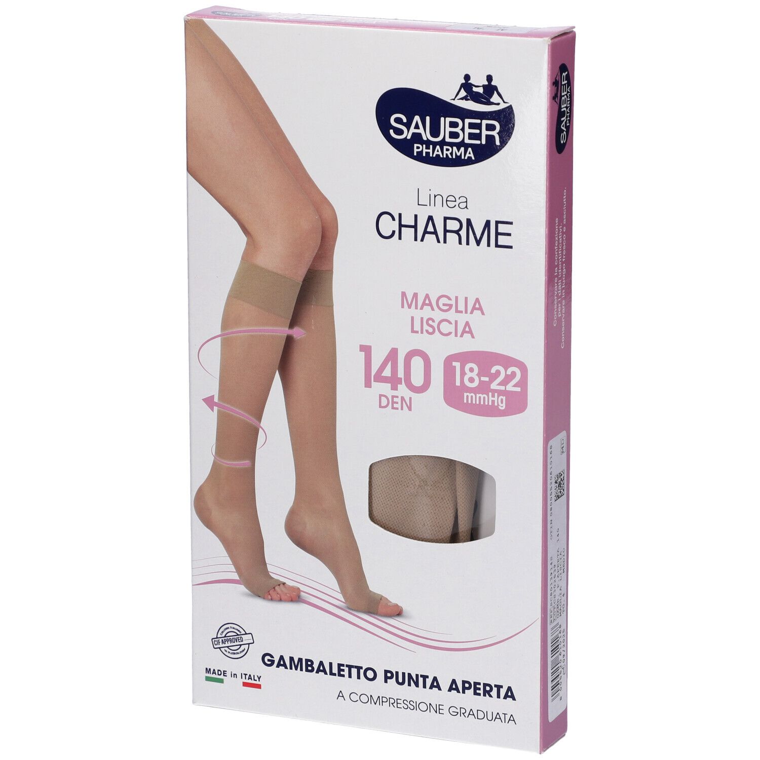 Verpackung mit SAUBER Pharma Strümpfen. Rosa-weiße Schachtel mit Produktabbildung und Produktinformationen. Offene Spitze, 140 DEN.
