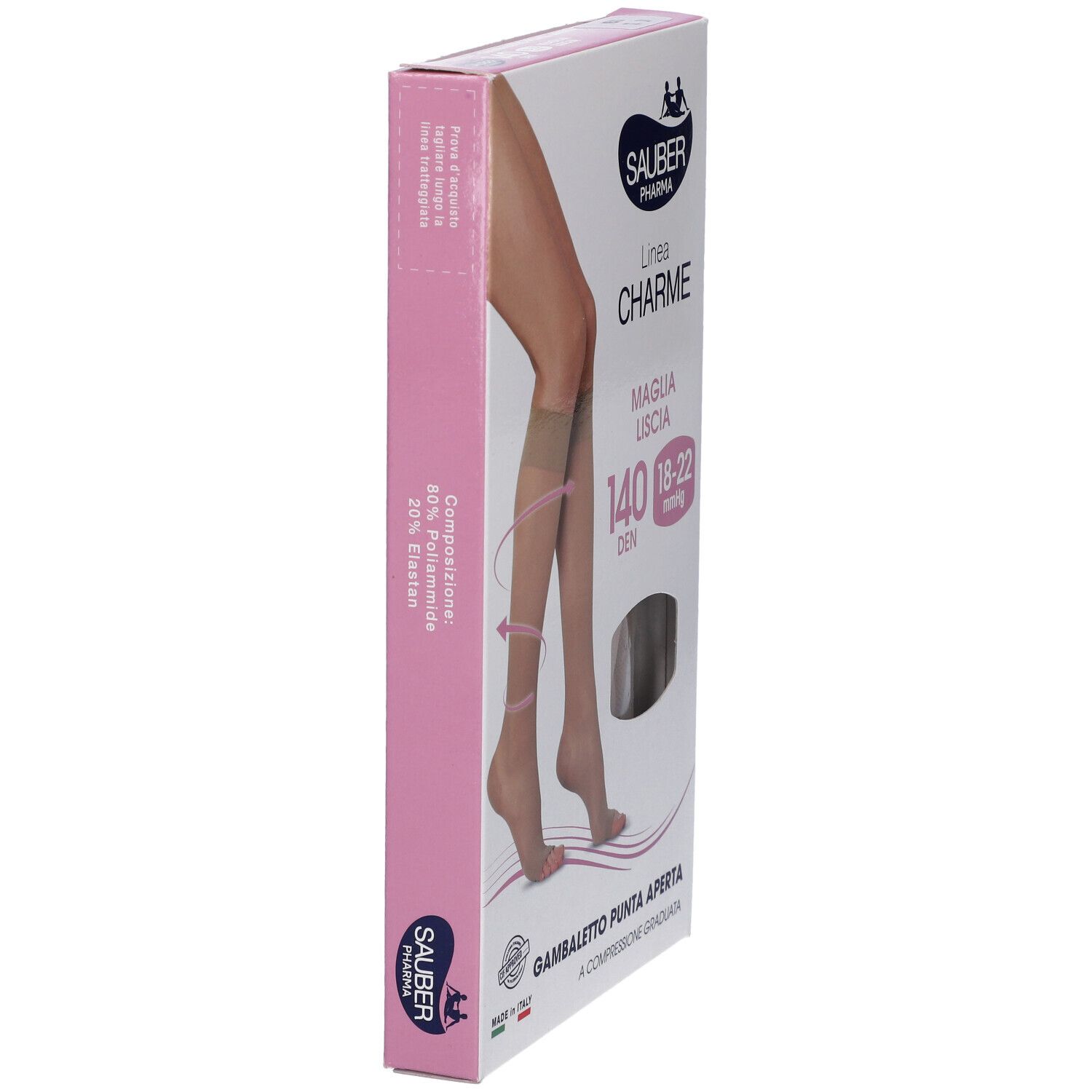 Seitenansicht der SAUBER Pharma Strumpfverpackung. Rosa Seite mit Produktinformationen und Logo. Produktabbildung.