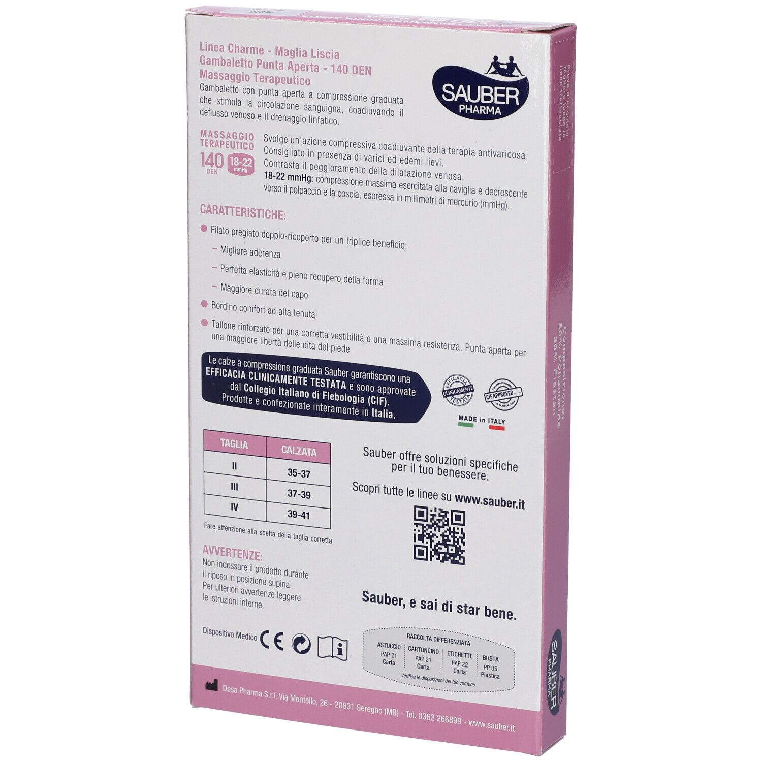 Rückseite der SAUBER Pharma Strumpfverpackung. Textinformationen, Größentabelle, Logo und QR-Code. Rosa und weiß.